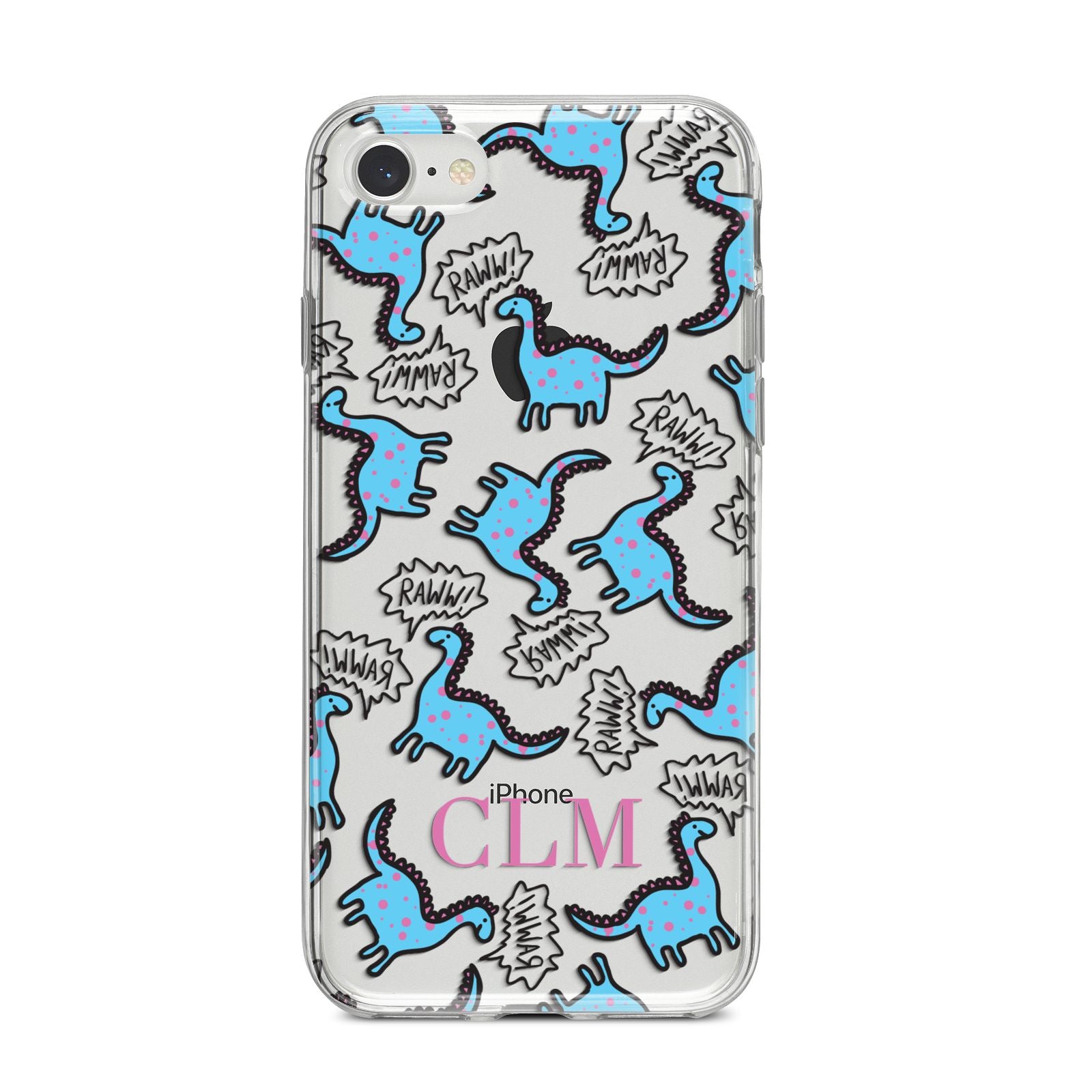 Personalised Dino Initials Clear iPhone 8 Bumper Case on Silver iPhone