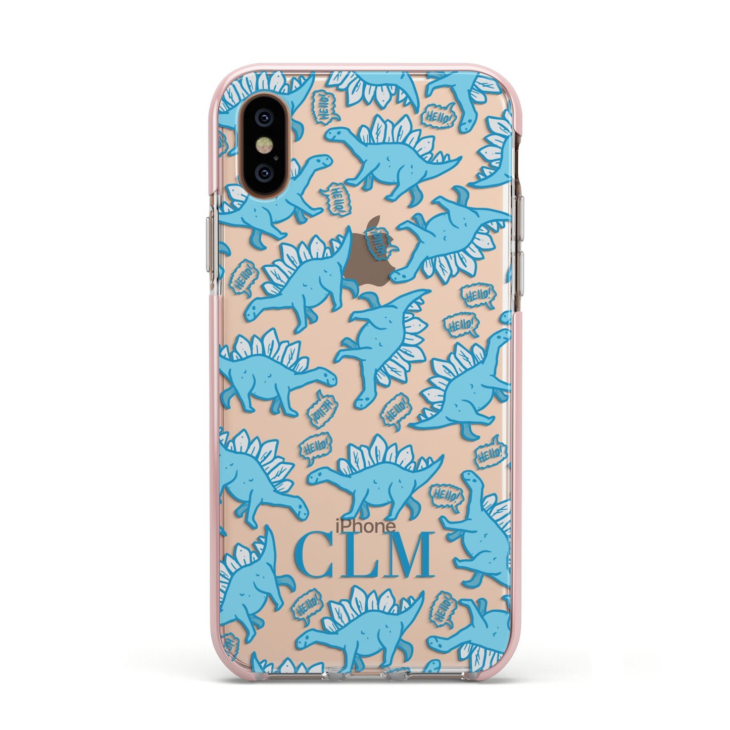 Personalised Dinosaur Initials Apple iPhone Xs Impact Case Pink Edge on Gold Phone