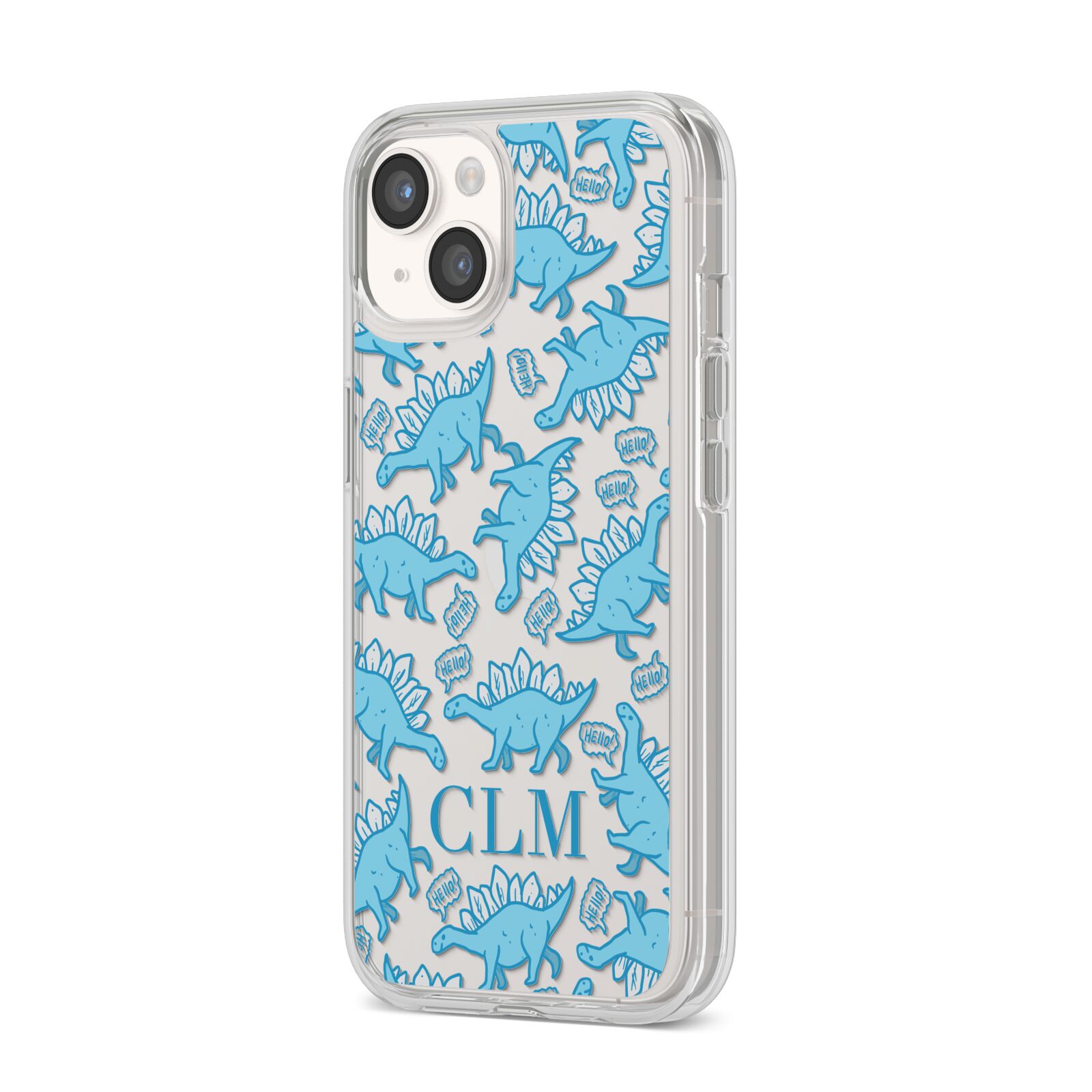Personalised Dinosaur Initials iPhone 14 Clear Tough Case Starlight Angled Image