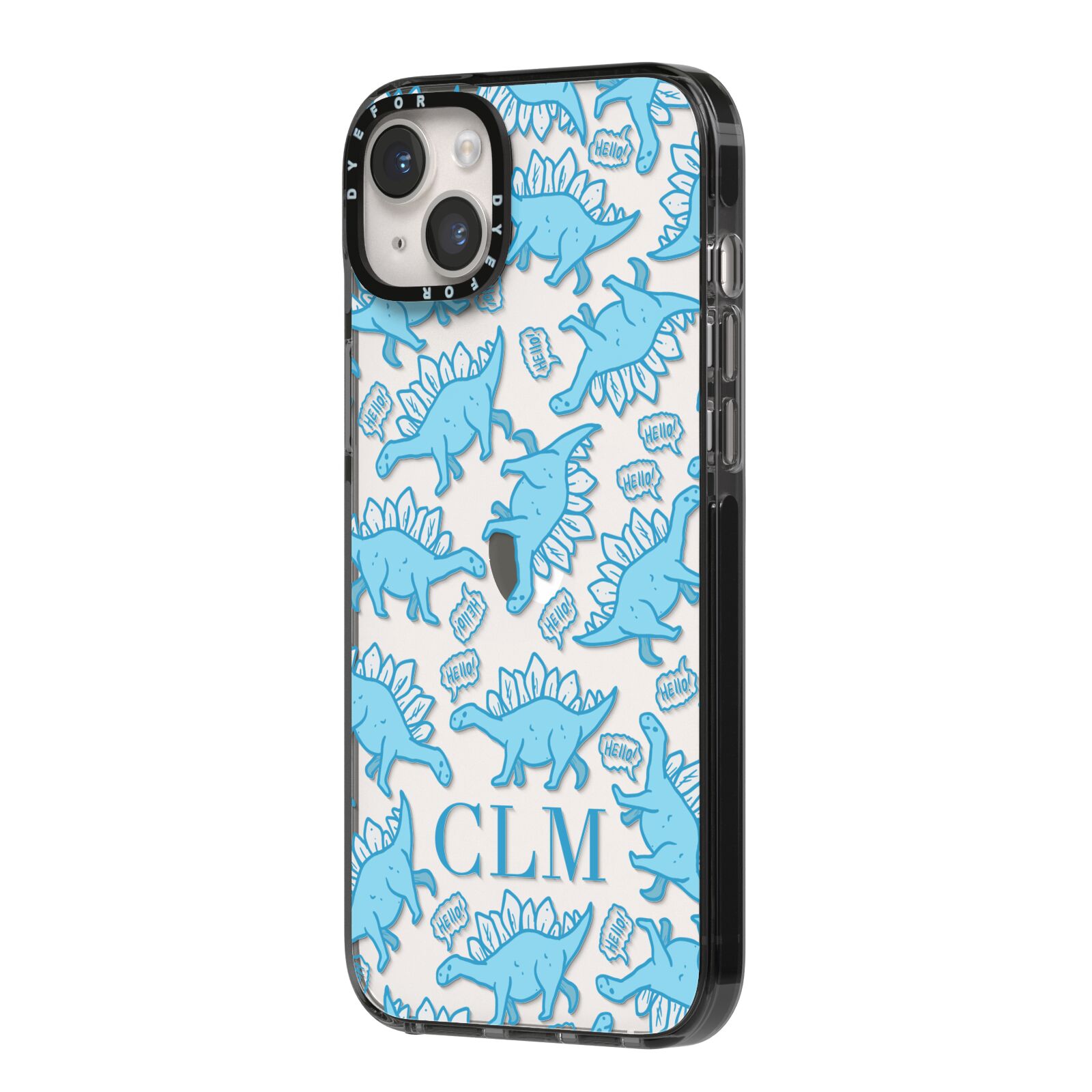 Personalised Dinosaur Initials iPhone 14 Plus Black Impact Case Side Angle on Silver phone