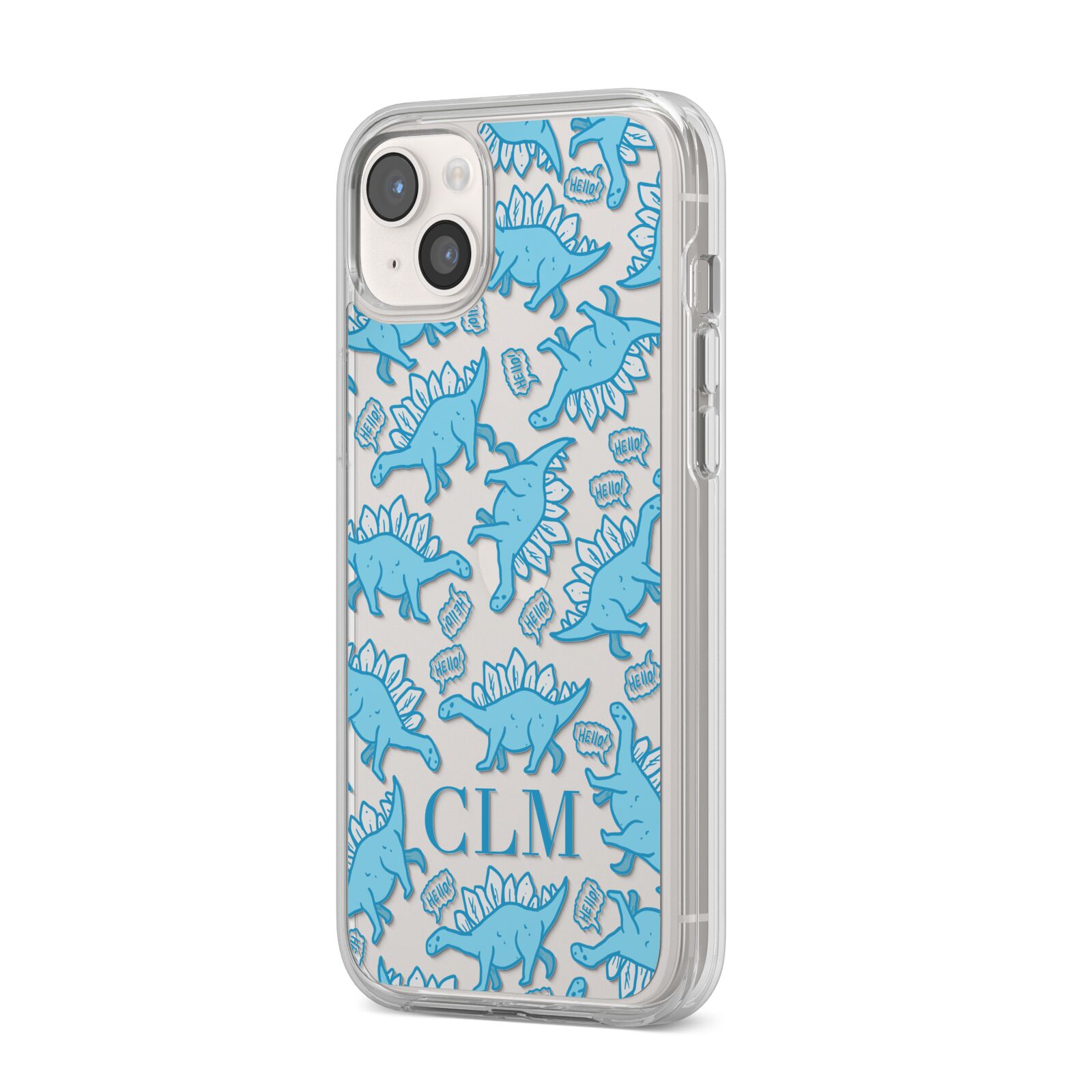 Personalised Dinosaur Initials iPhone 14 Plus Clear Tough Case Starlight Angled Image