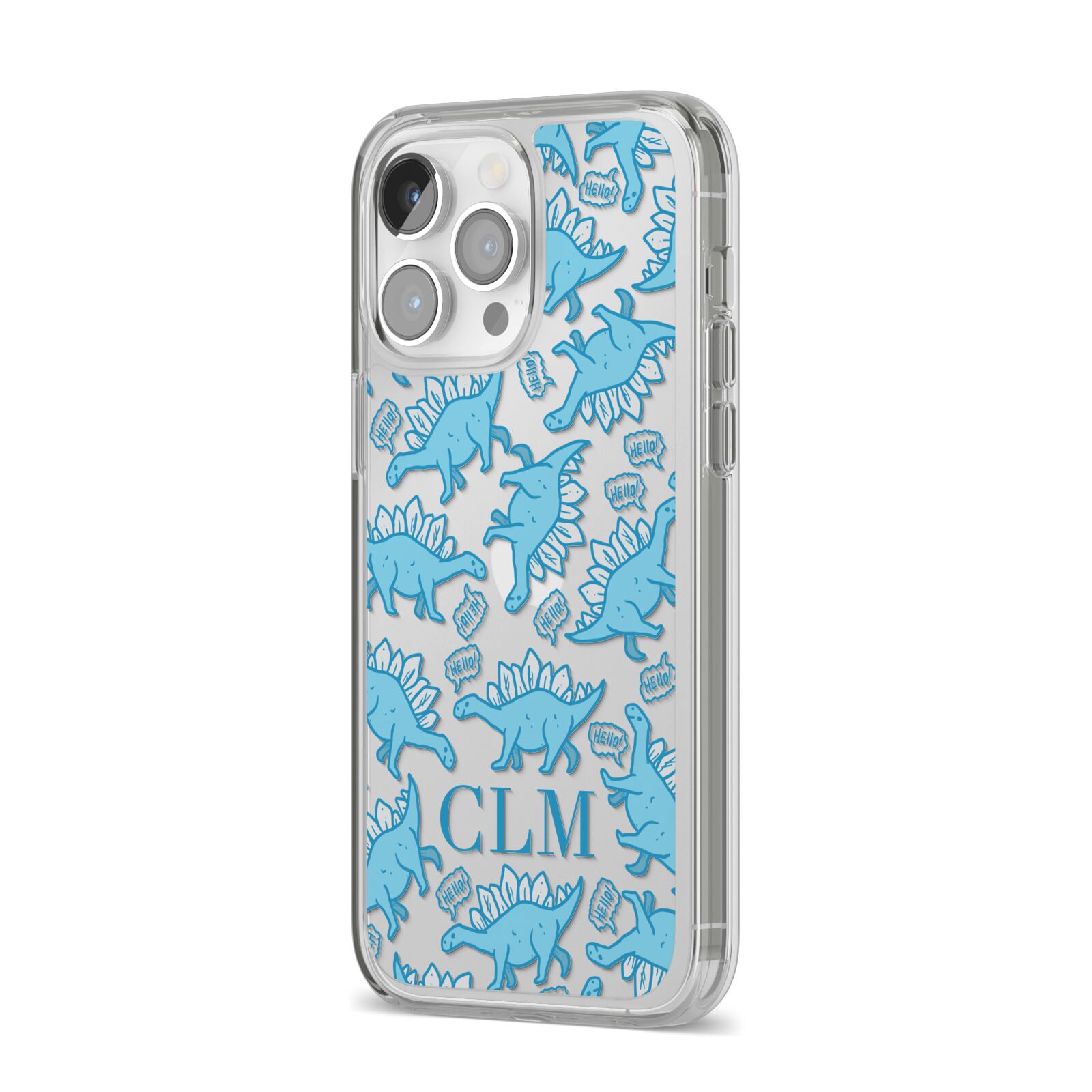 Personalised Dinosaur Initials iPhone 14 Pro Max Clear Tough Case Silver Angled Image