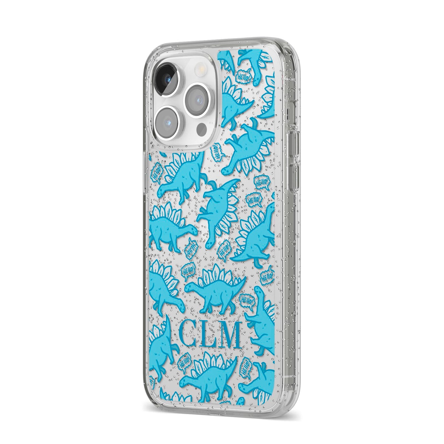 Personalised Dinosaur Initials iPhone 14 Pro Max Glitter Tough Case Silver Angled Image