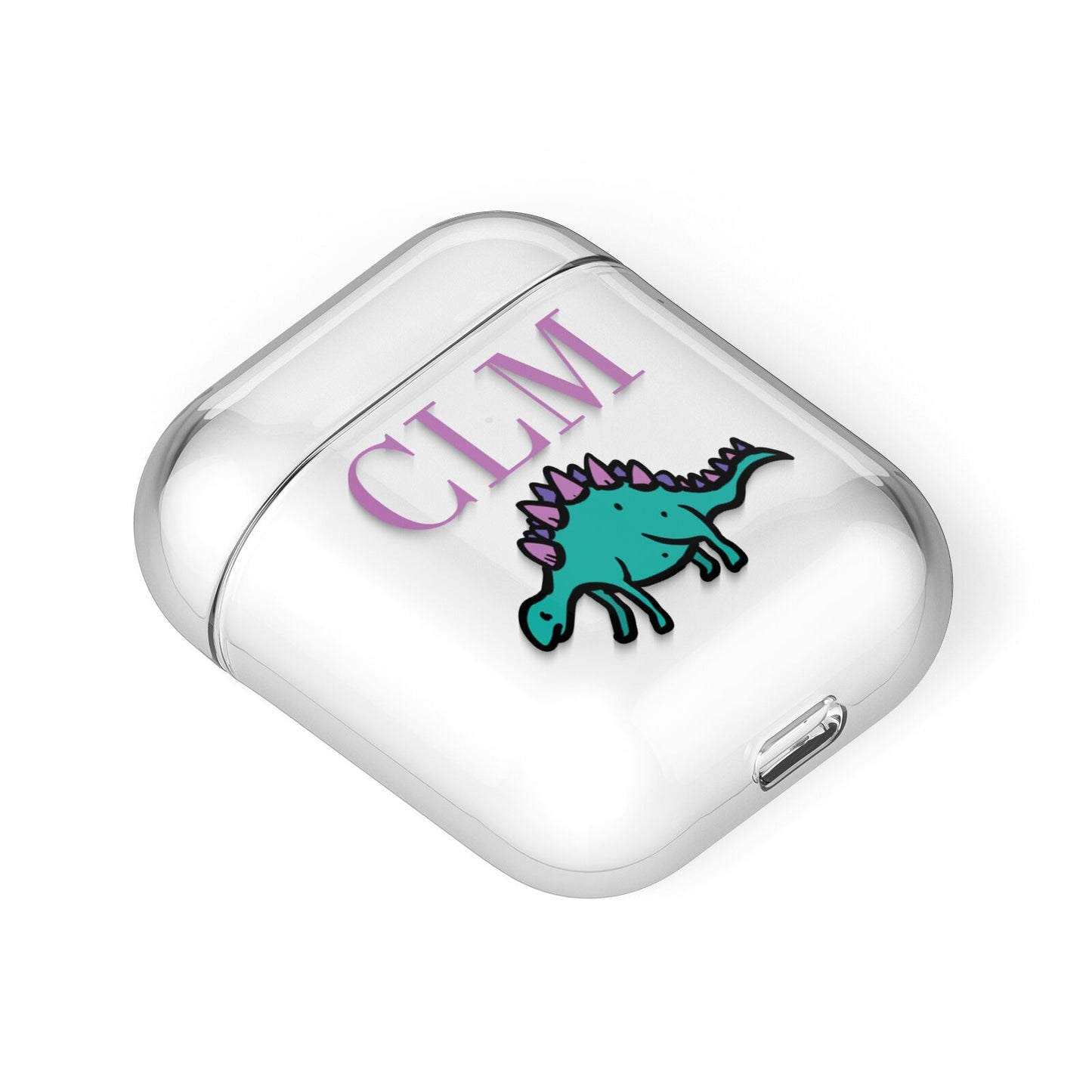 Personalised Dinosaur Monogrammed AirPods Case Laid Flat