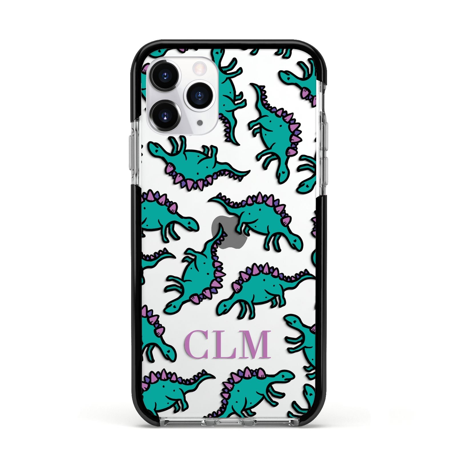 Personalised Dinosaur Monogrammed Apple iPhone 11 Pro in Silver with Black Impact Case