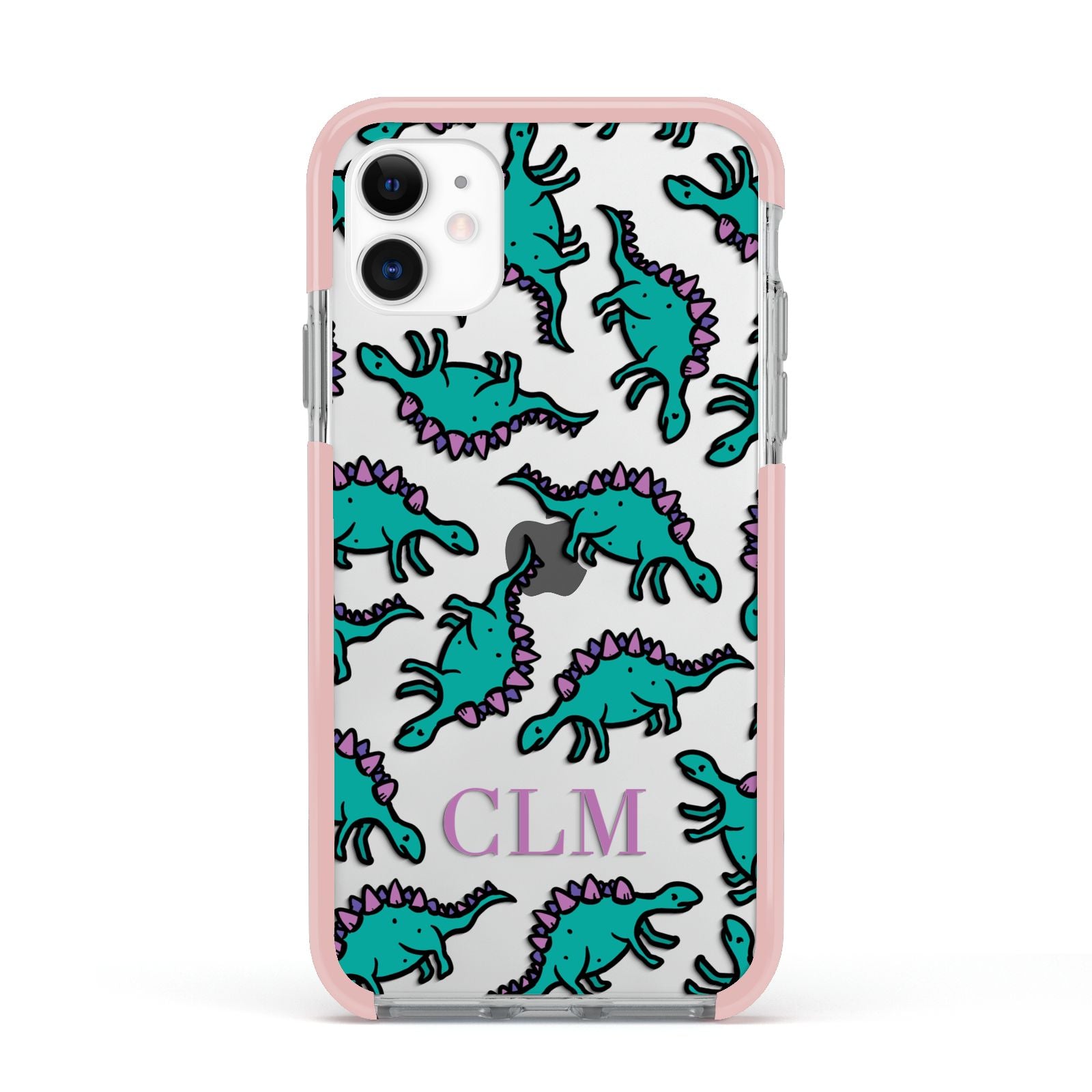 Personalised Dinosaur Monogrammed Apple iPhone 11 in White with Pink Impact Case