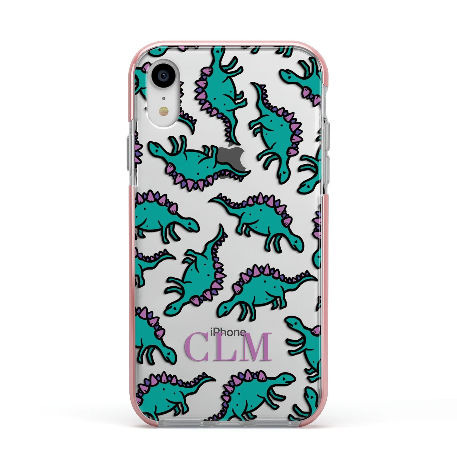 Personalised Dinosaur Monogrammed Apple iPhone XR Impact Case Pink Edge on Silver Phone