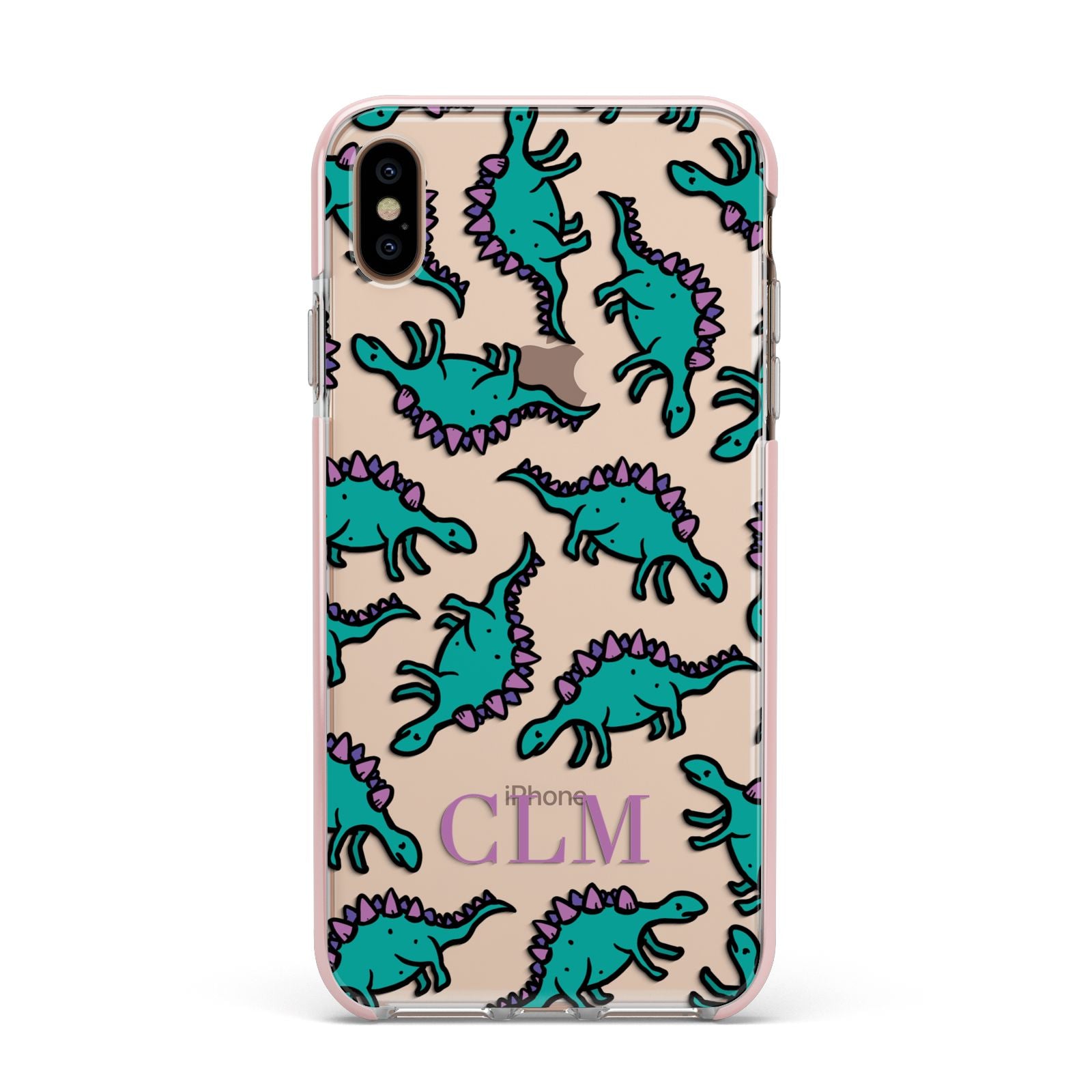 Personalised Dinosaur Monogrammed Apple iPhone Xs Max Impact Case Pink Edge on Gold Phone