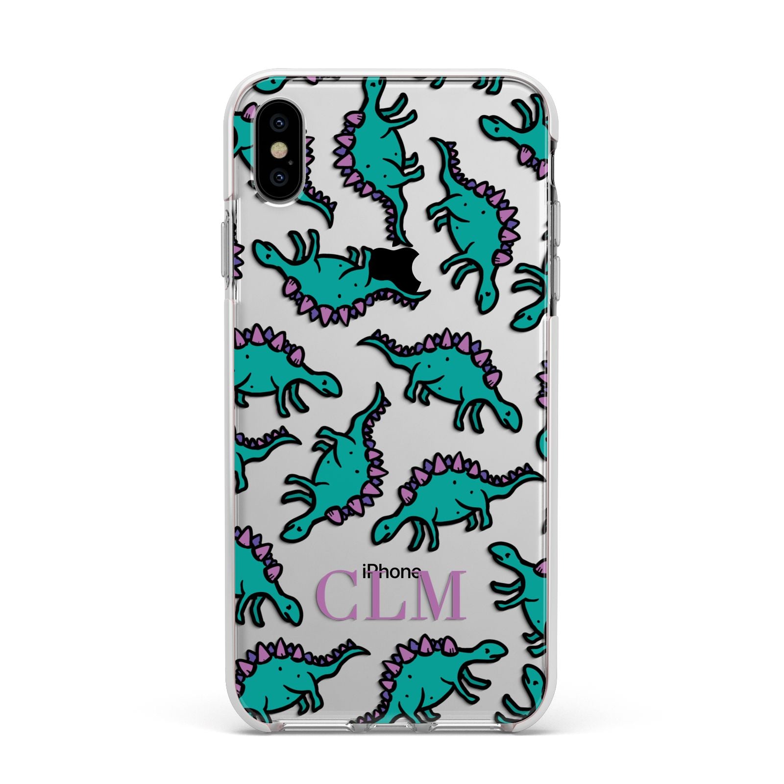 Personalised Dinosaur Monogrammed Apple iPhone Xs Max Impact Case White Edge on Silver Phone