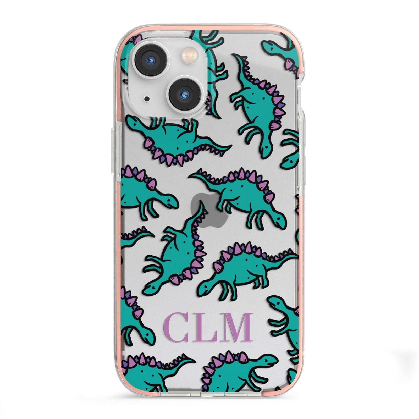 Personalised Dinosaur Monogrammed iPhone 13 Mini TPU Impact Case with Pink Edges