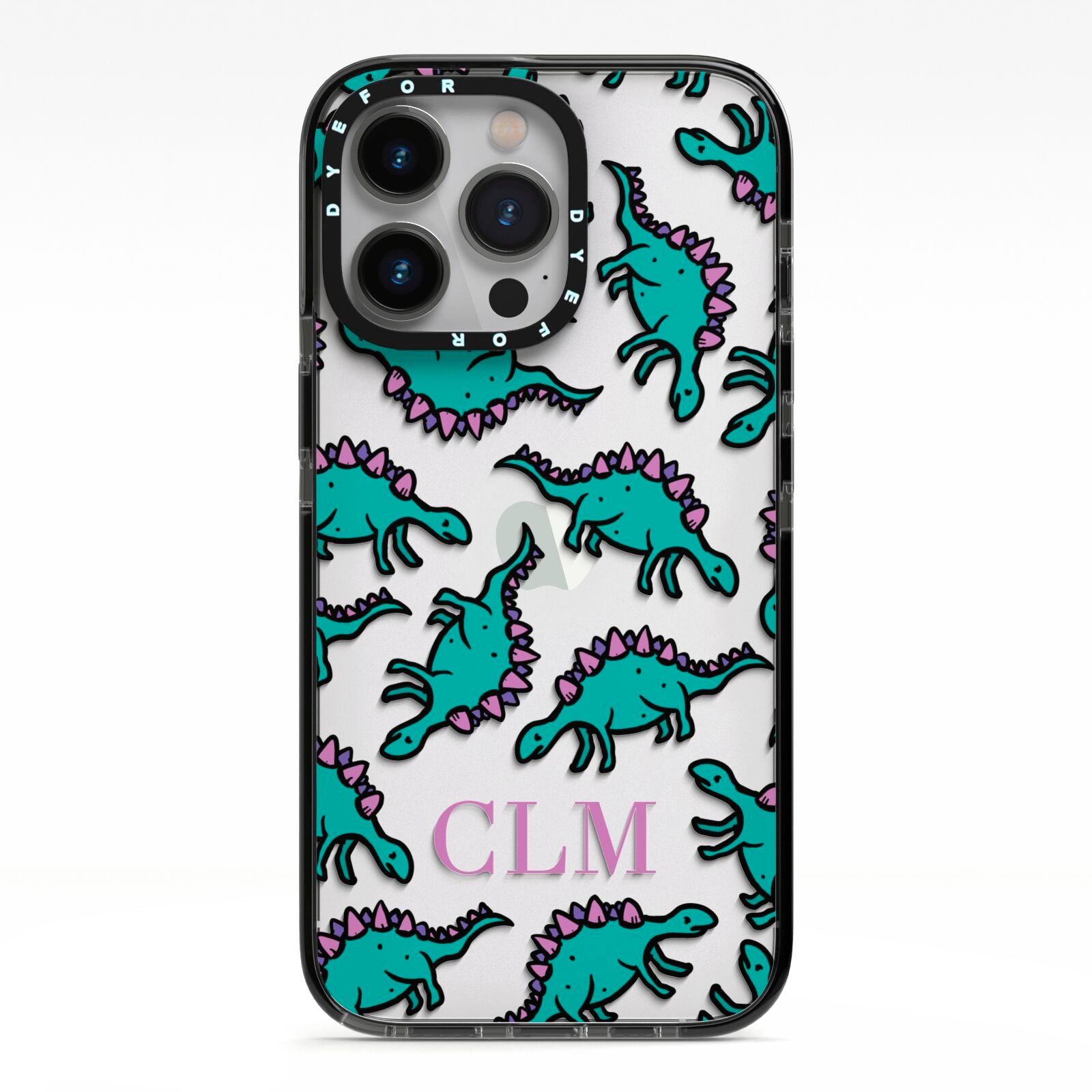 Personalised Dinosaur Monogrammed iPhone 13 Pro Black Impact Case on Silver phone