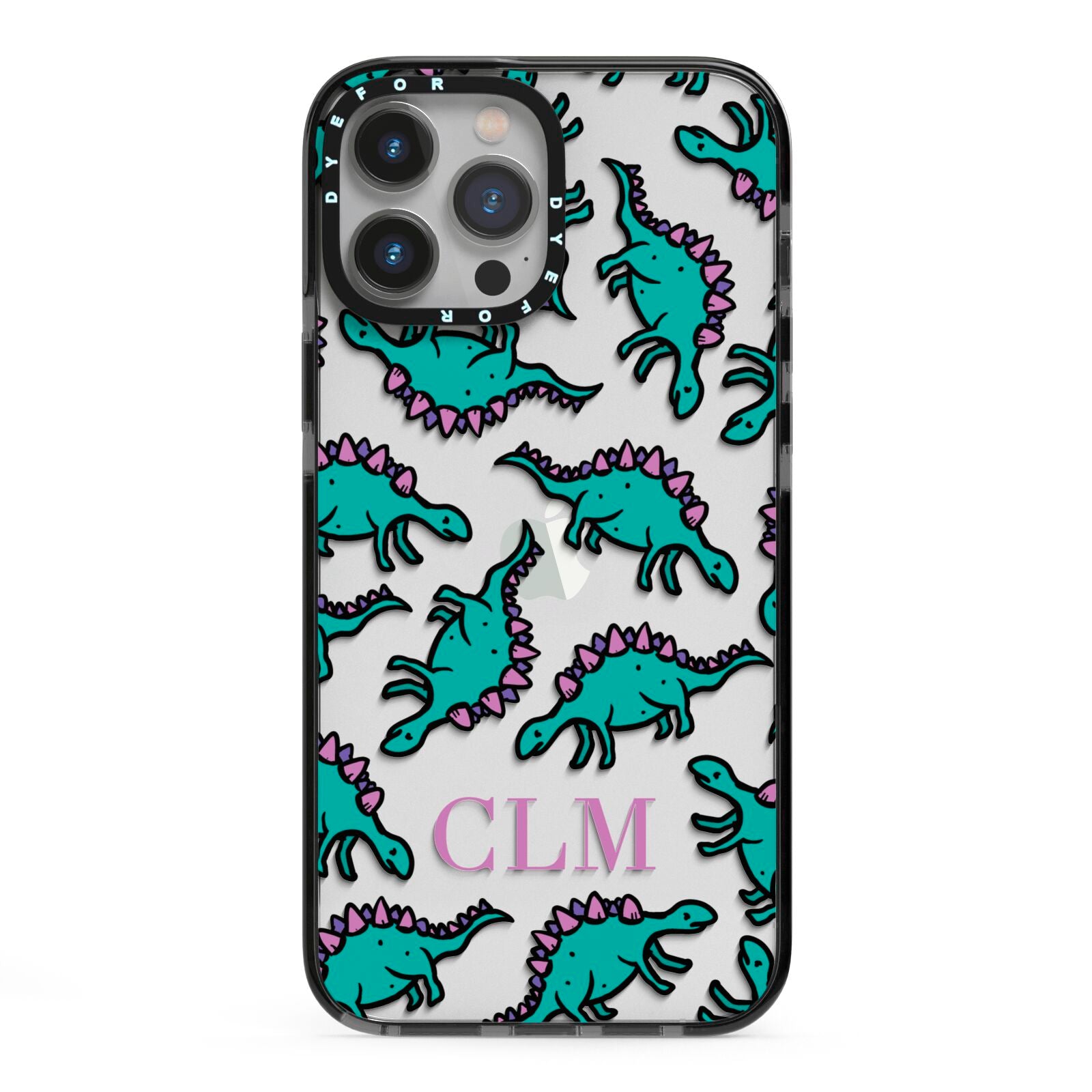 Personalised Dinosaur Monogrammed iPhone 13 Pro Max Black Impact Case on Silver phone