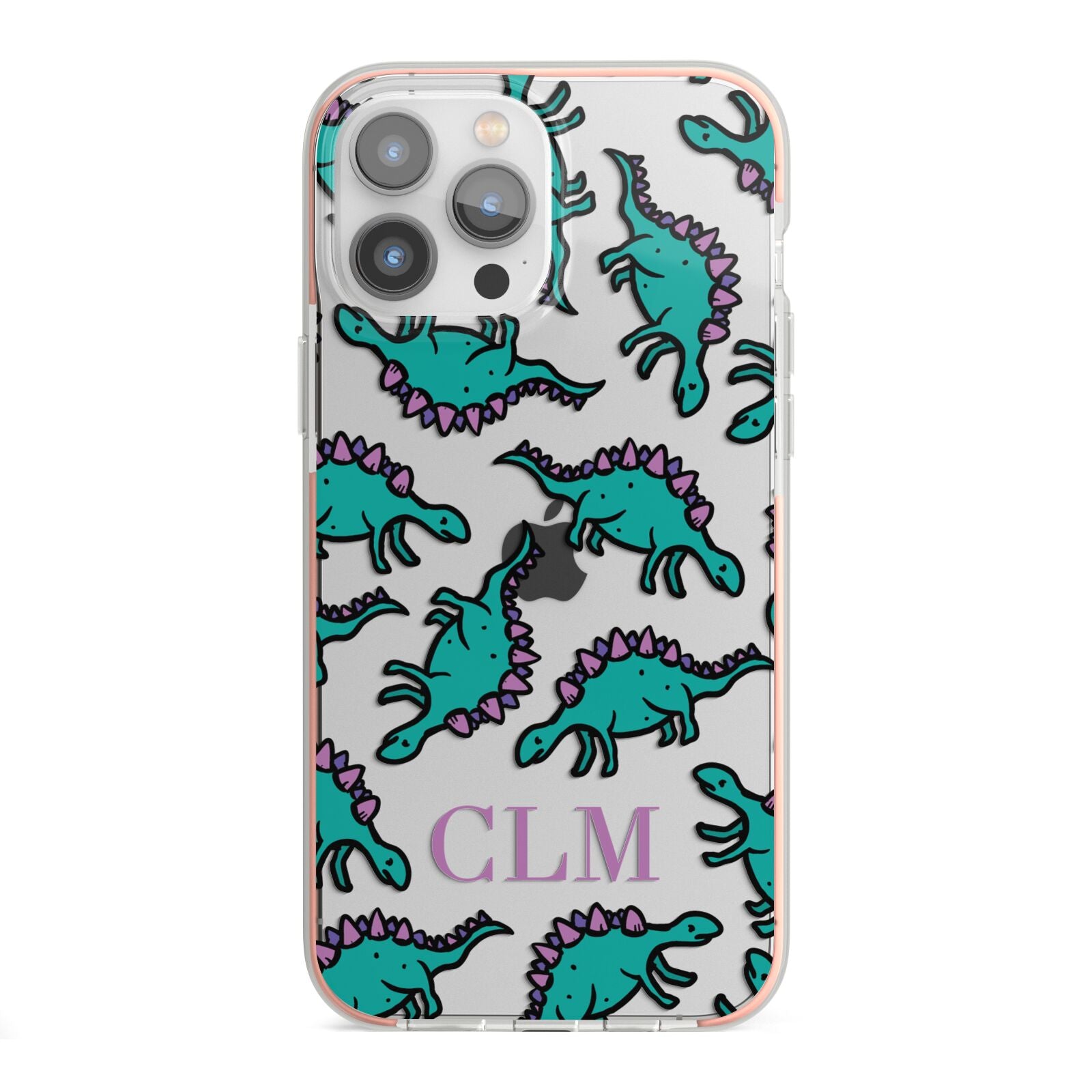 Personalised Dinosaur Monogrammed iPhone 13 Pro Max TPU Impact Case with Pink Edges