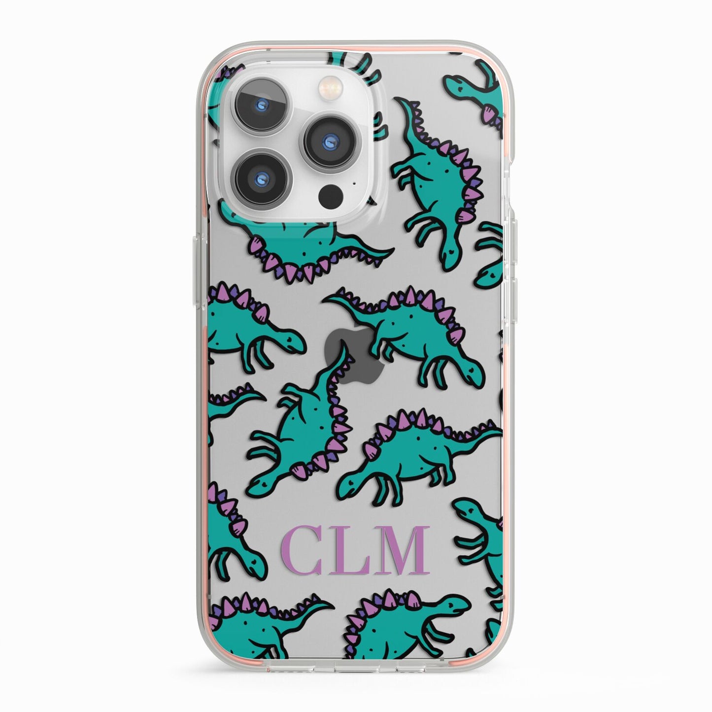 Personalised Dinosaur Monogrammed iPhone 13 Pro TPU Impact Case with Pink Edges
