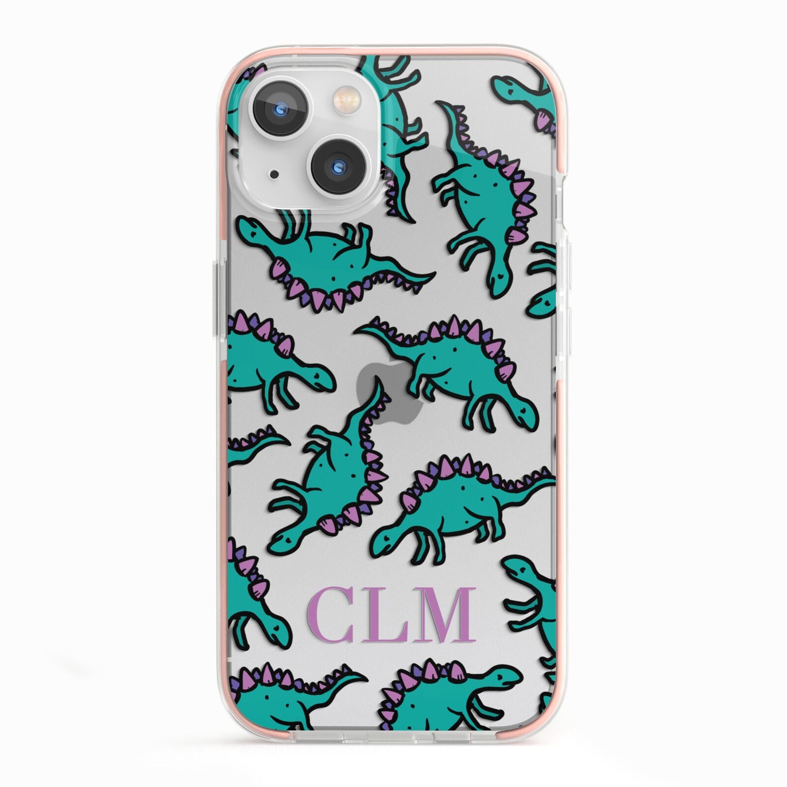 Personalised Dinosaur Monogrammed iPhone 13 TPU Impact Case with Pink Edges