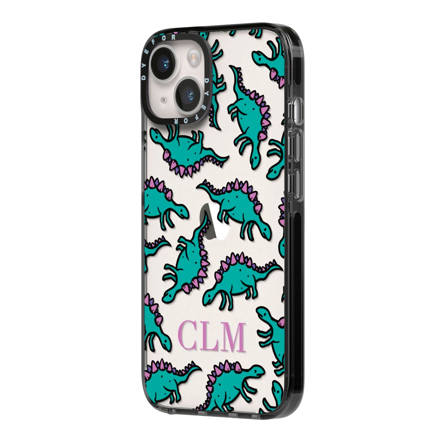 Personalised Dinosaur Monogrammed iPhone 14 Black Impact Case Side Angle on Silver phone