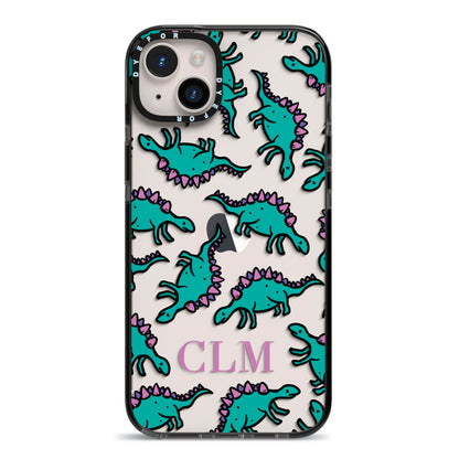 Personalised Dinosaur Monogrammed iPhone 14 Plus Black Impact Case on Silver phone