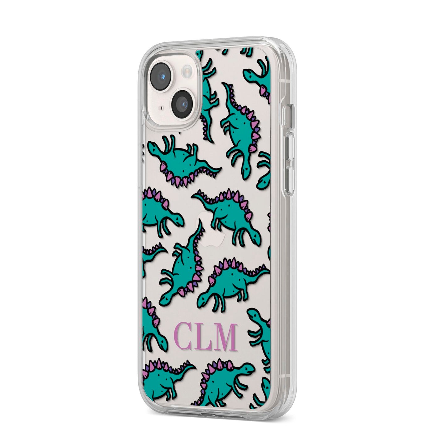 Personalised Dinosaur Monogrammed iPhone 14 Plus Clear Tough Case Starlight Angled Image