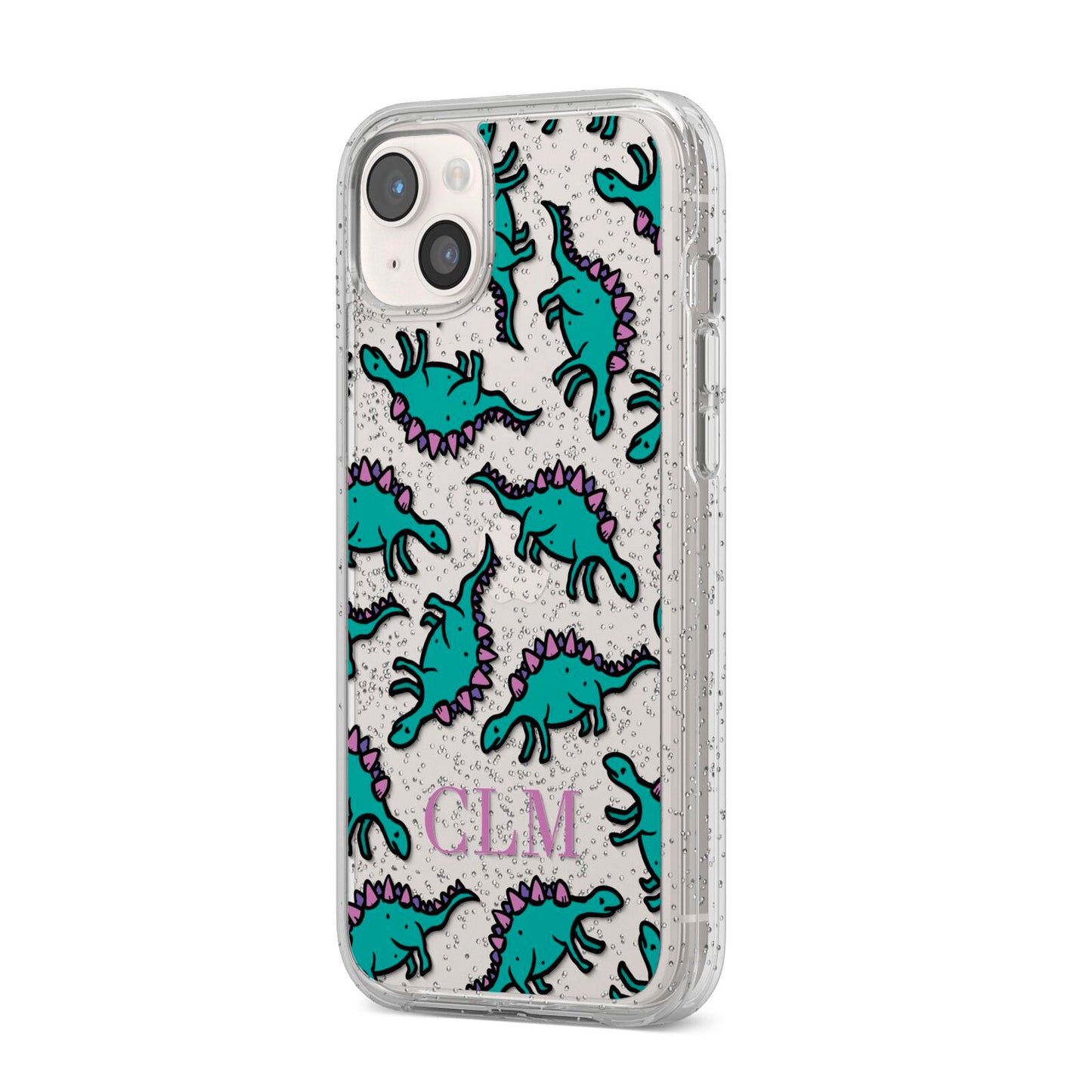 Personalised Dinosaur Monogrammed iPhone 14 Plus Glitter Tough Case Starlight Angled Image