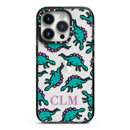 Personalised Dinosaur Monogrammed iPhone 14 Pro Black Impact Case on Silver phone