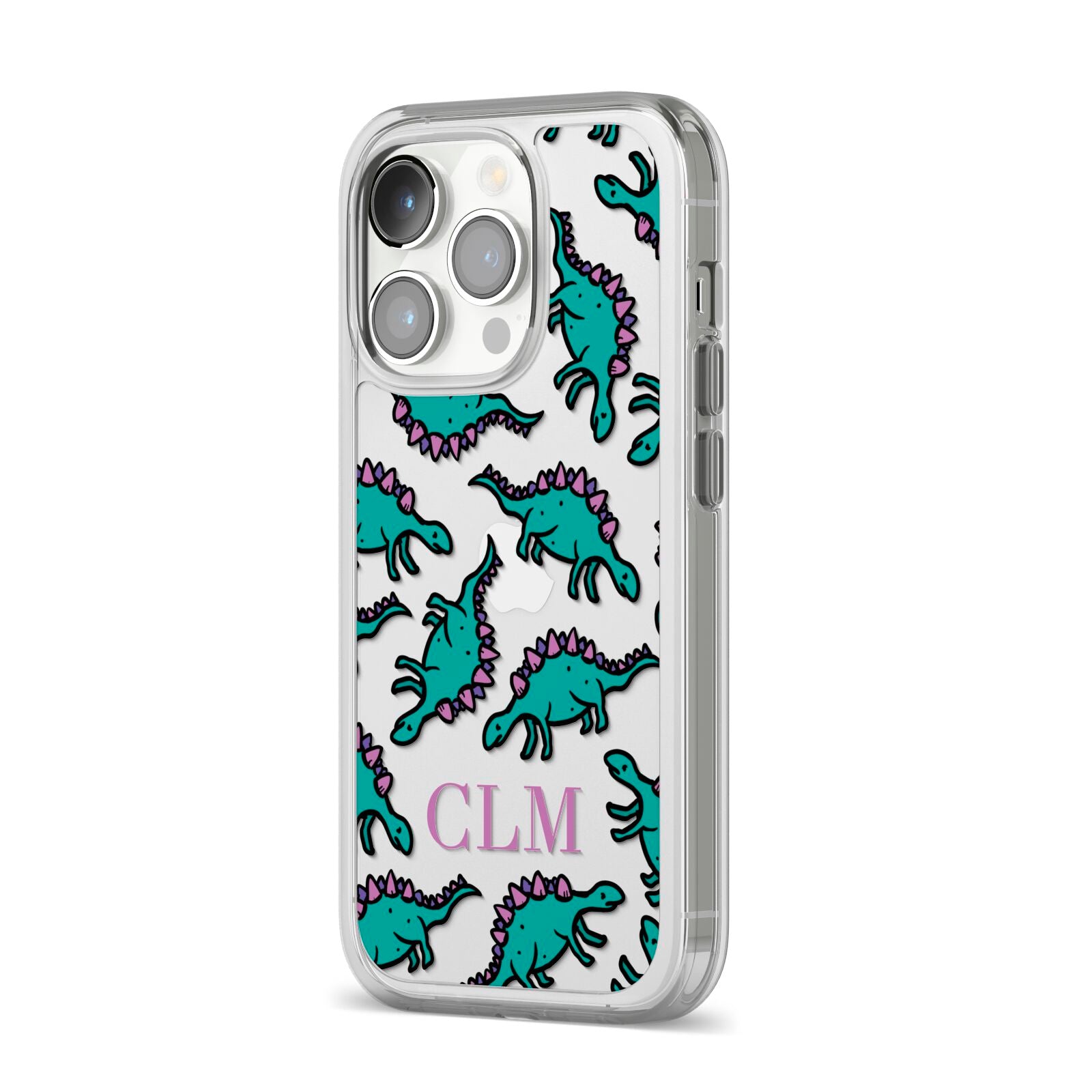 Personalised Dinosaur Monogrammed iPhone 14 Pro Clear Tough Case Silver Angled Image