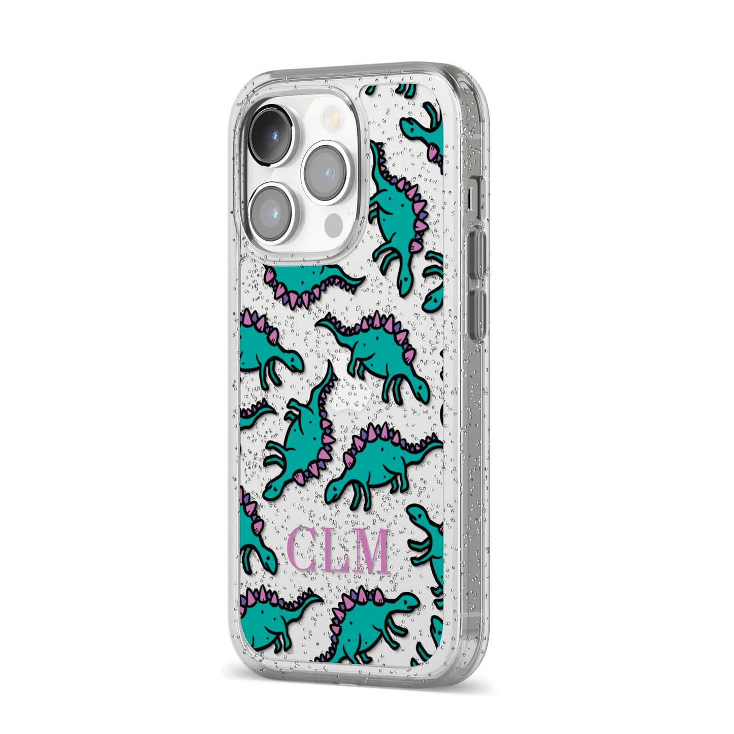 Personalised Dinosaur Monogrammed iPhone 14 Pro Glitter Tough Case Silver Angled Image