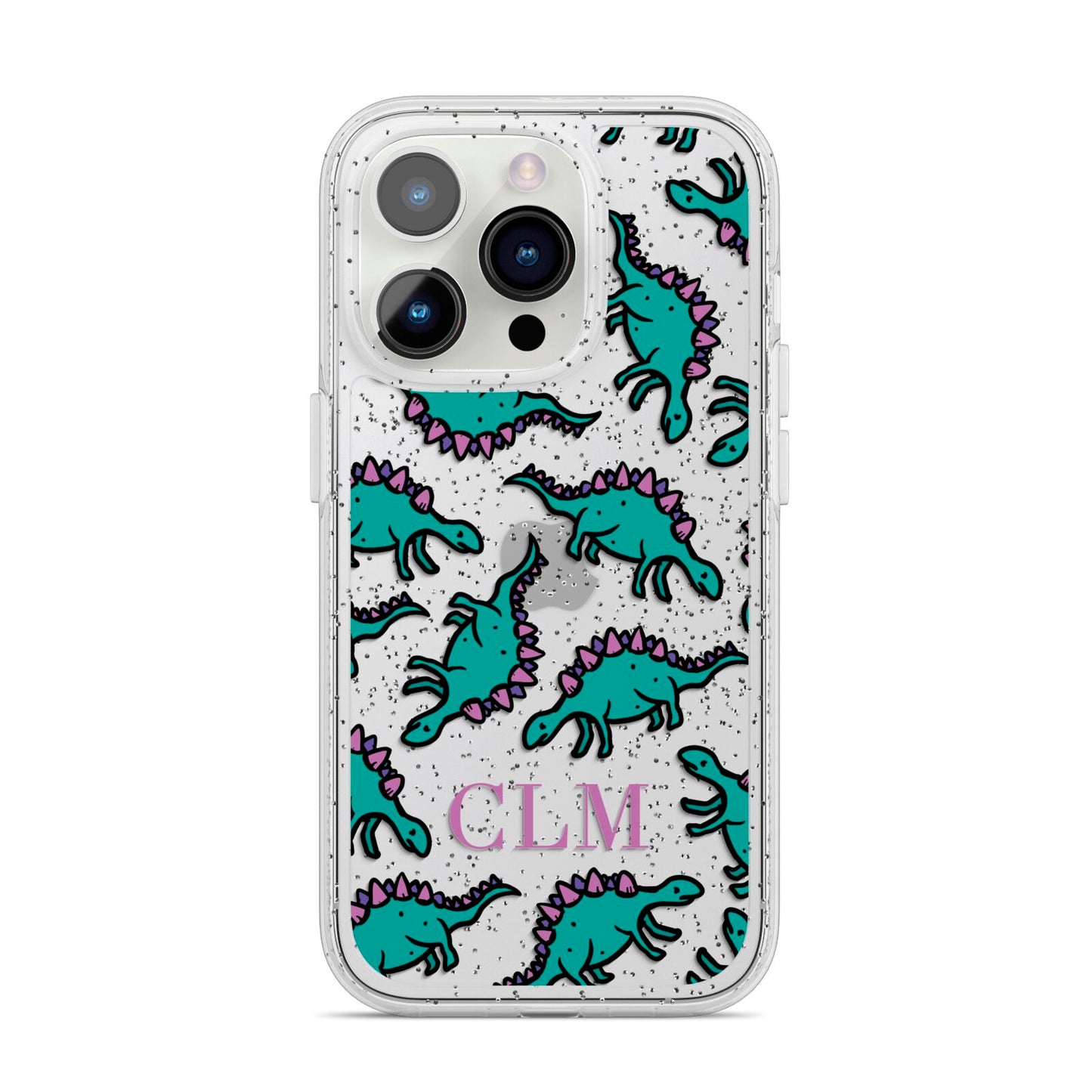 Personalised Dinosaur Monogrammed iPhone 14 Pro Glitter Tough Case Silver