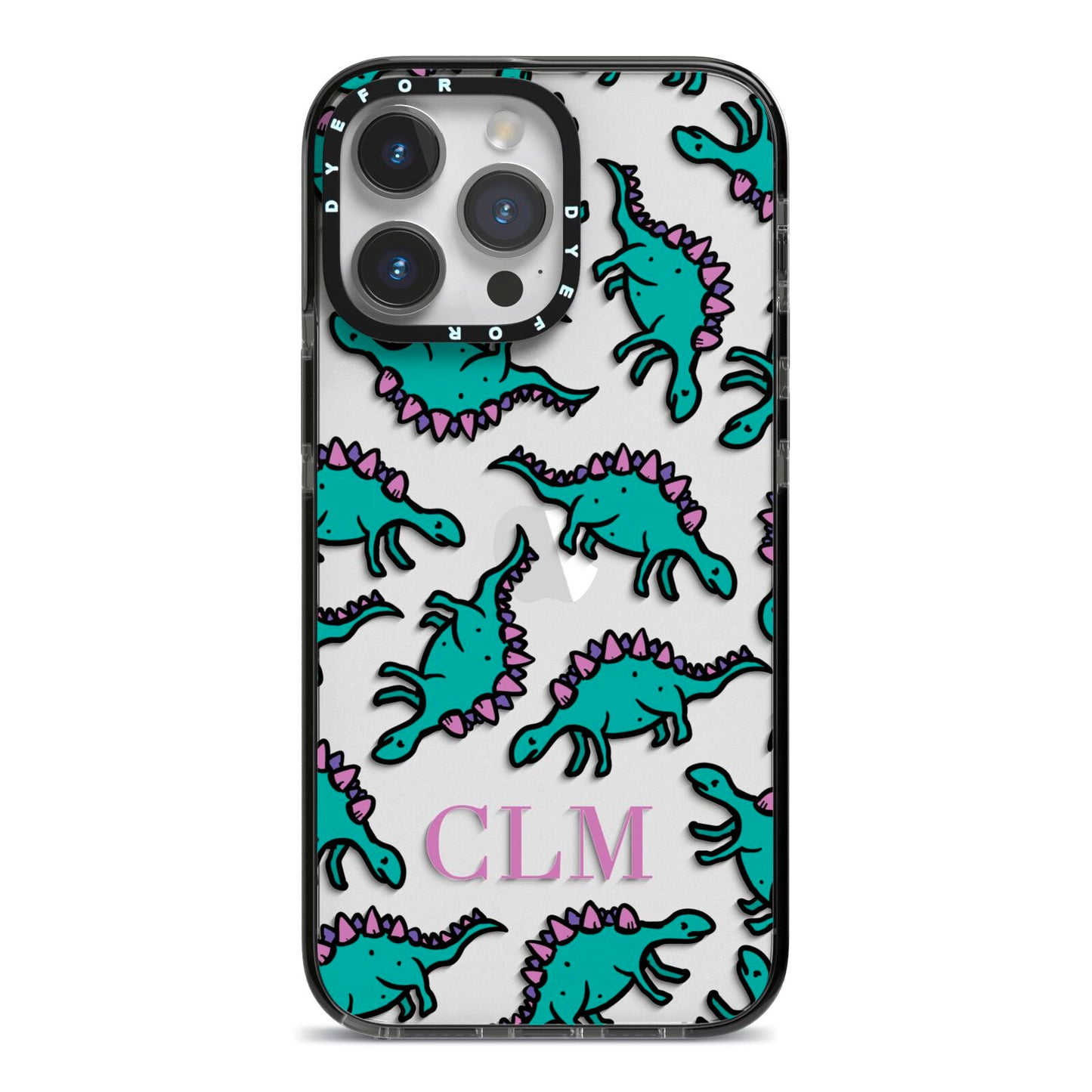 Personalised Dinosaur Monogrammed iPhone 14 Pro Max Black Impact Case on Silver phone