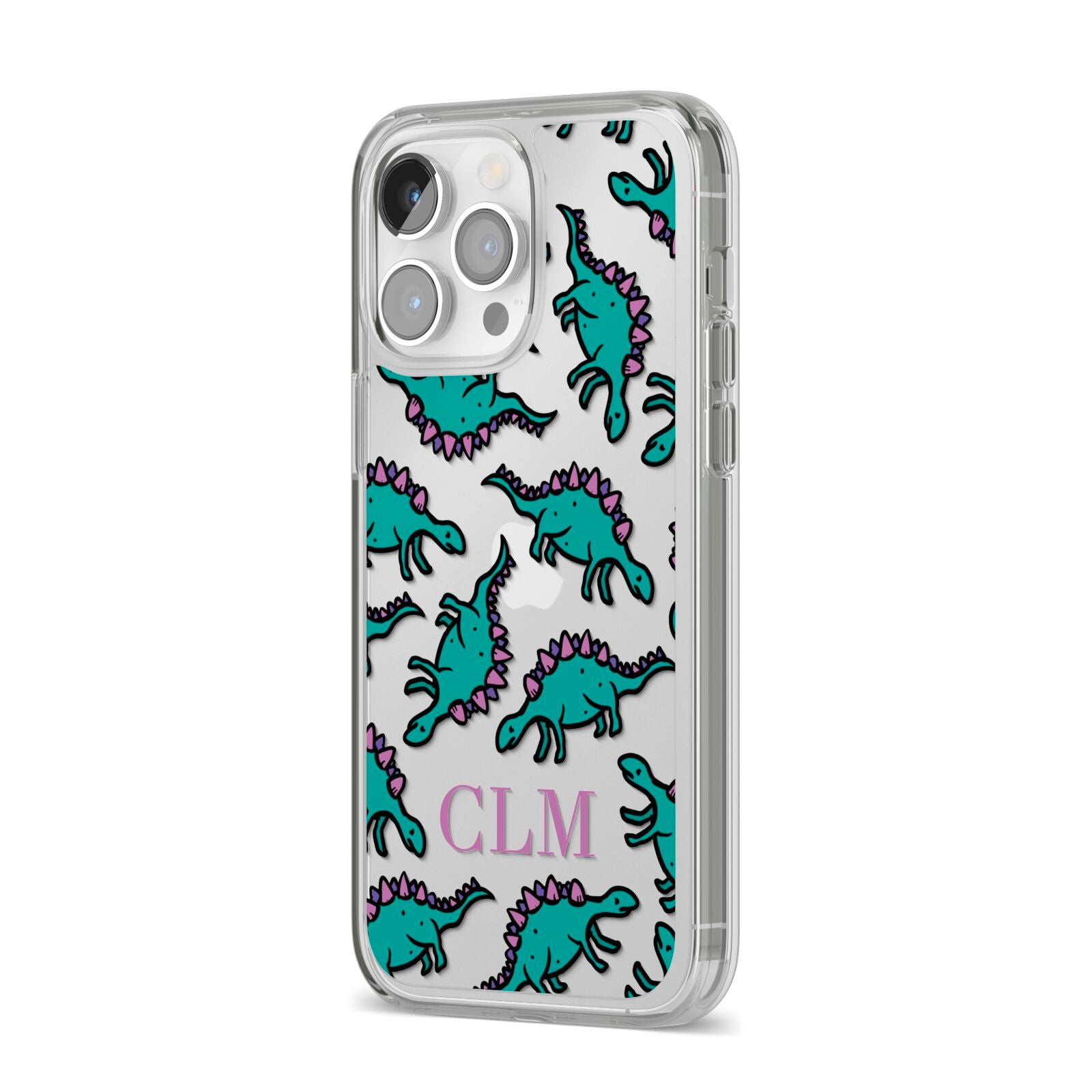 Personalised Dinosaur Monogrammed iPhone 14 Pro Max Clear Tough Case Silver Angled Image