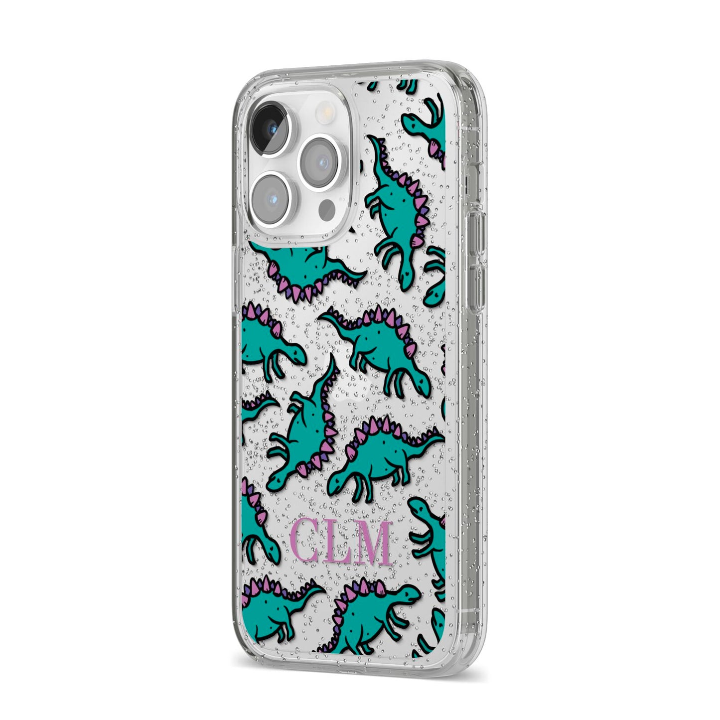 Personalised Dinosaur Monogrammed iPhone 14 Pro Max Glitter Tough Case Silver Angled Image