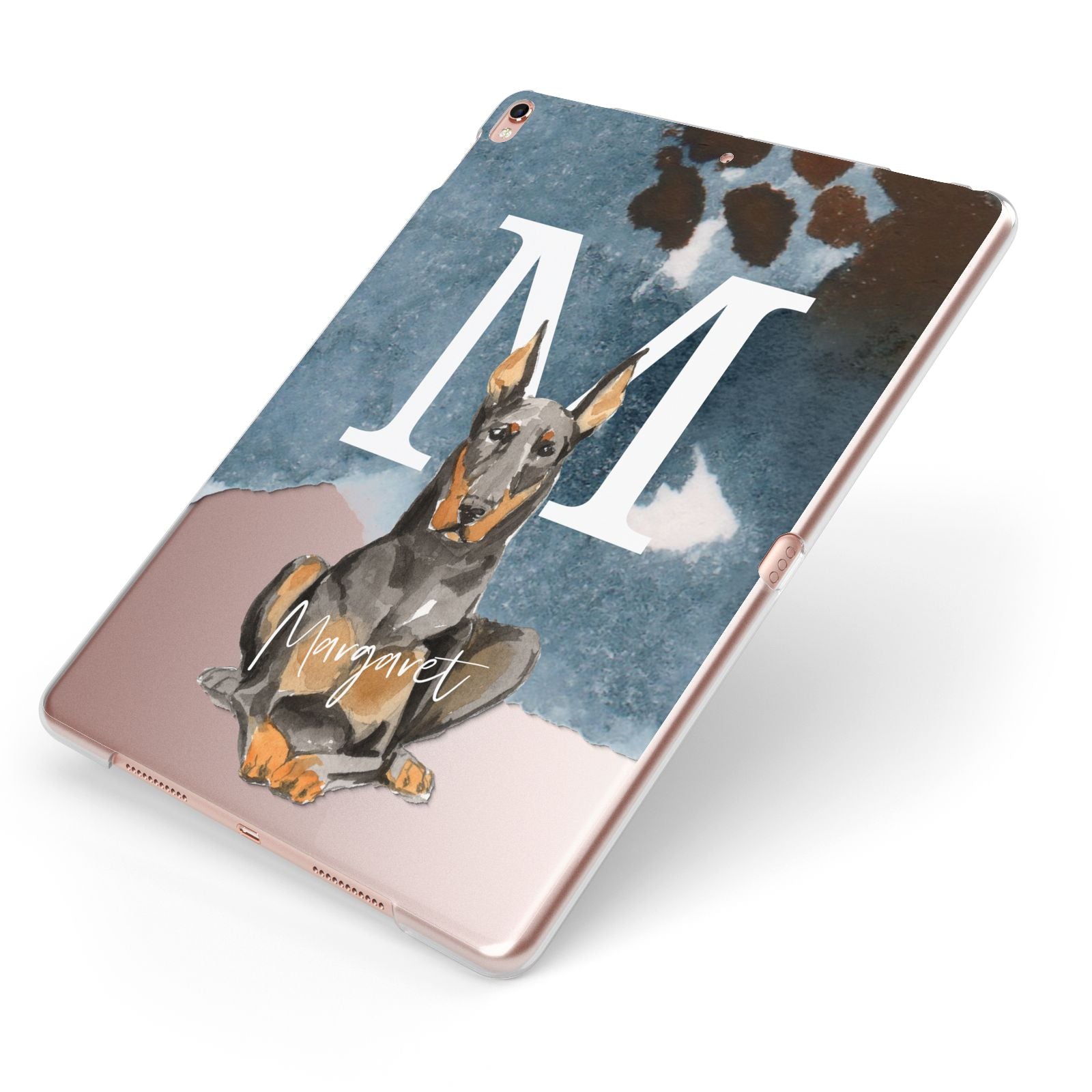 Personalised Doberman Dog Apple iPad Case on Rose Gold iPad Side View