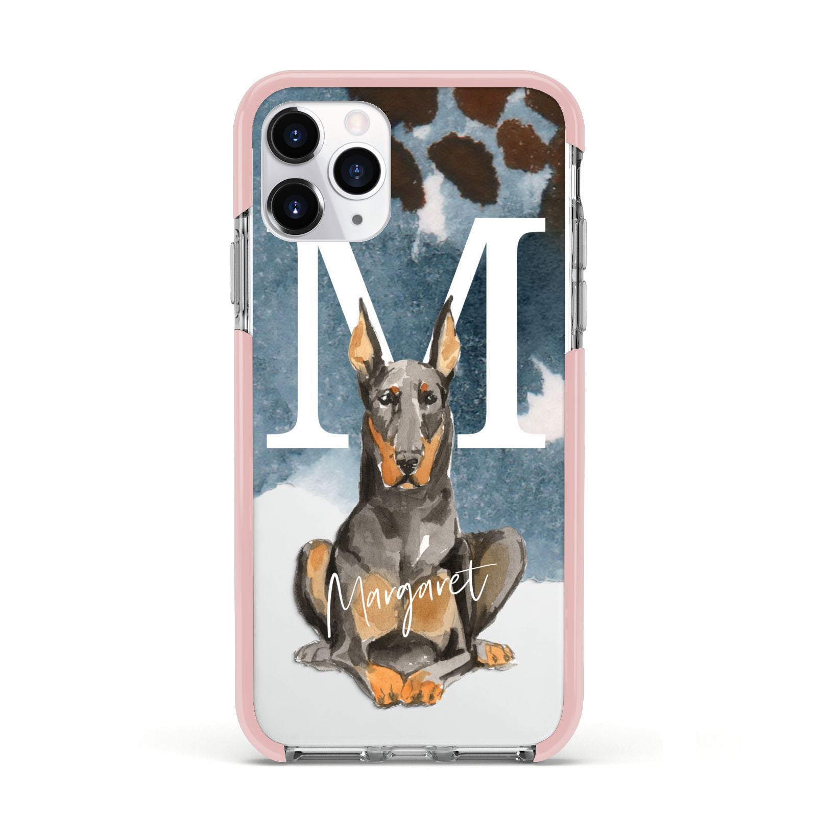 Personalised Doberman Dog Apple iPhone 11 Pro in Silver with Pink Impact Case