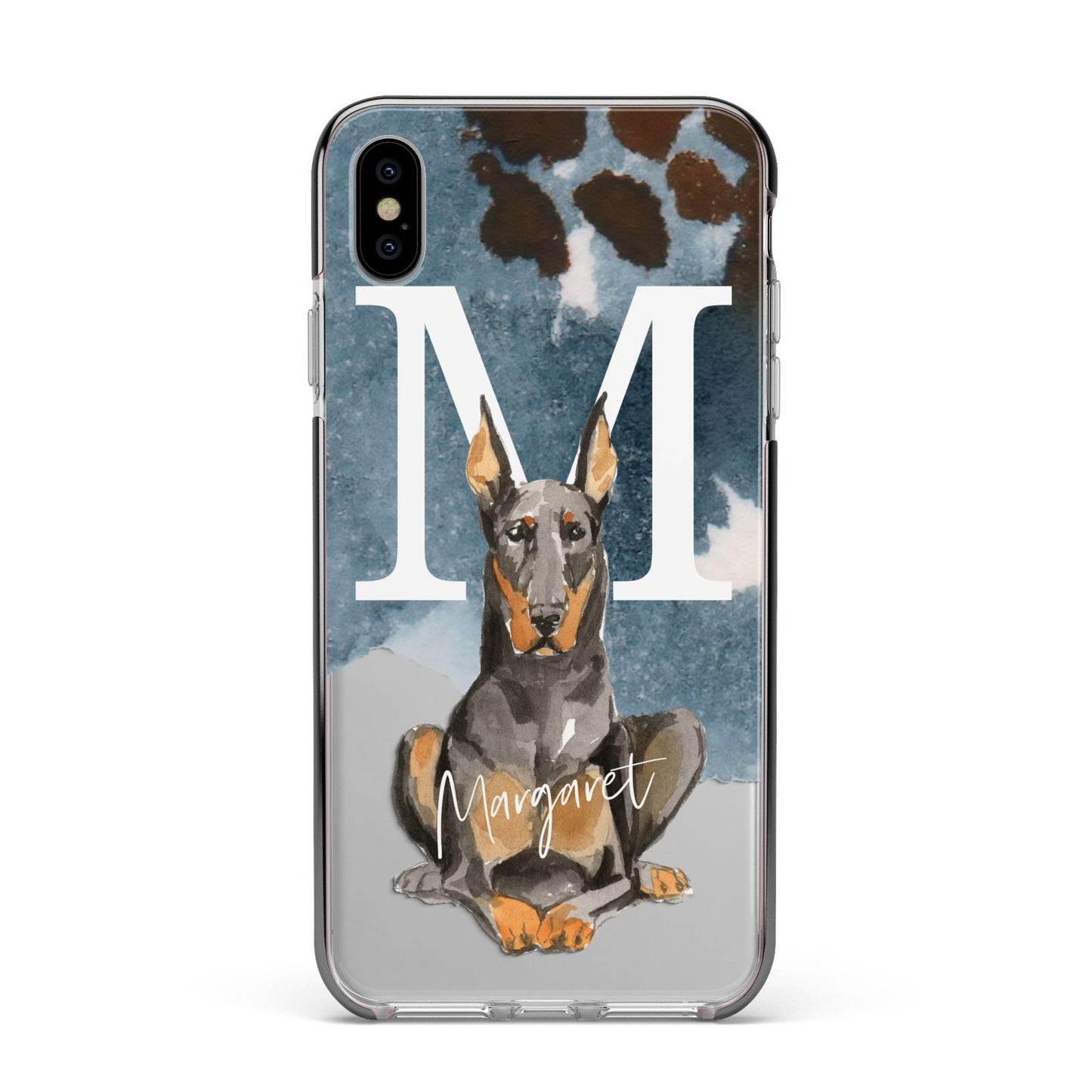 Personalised Doberman Dog Apple iPhone Xs Max Impact Case Black Edge on Silver Phone