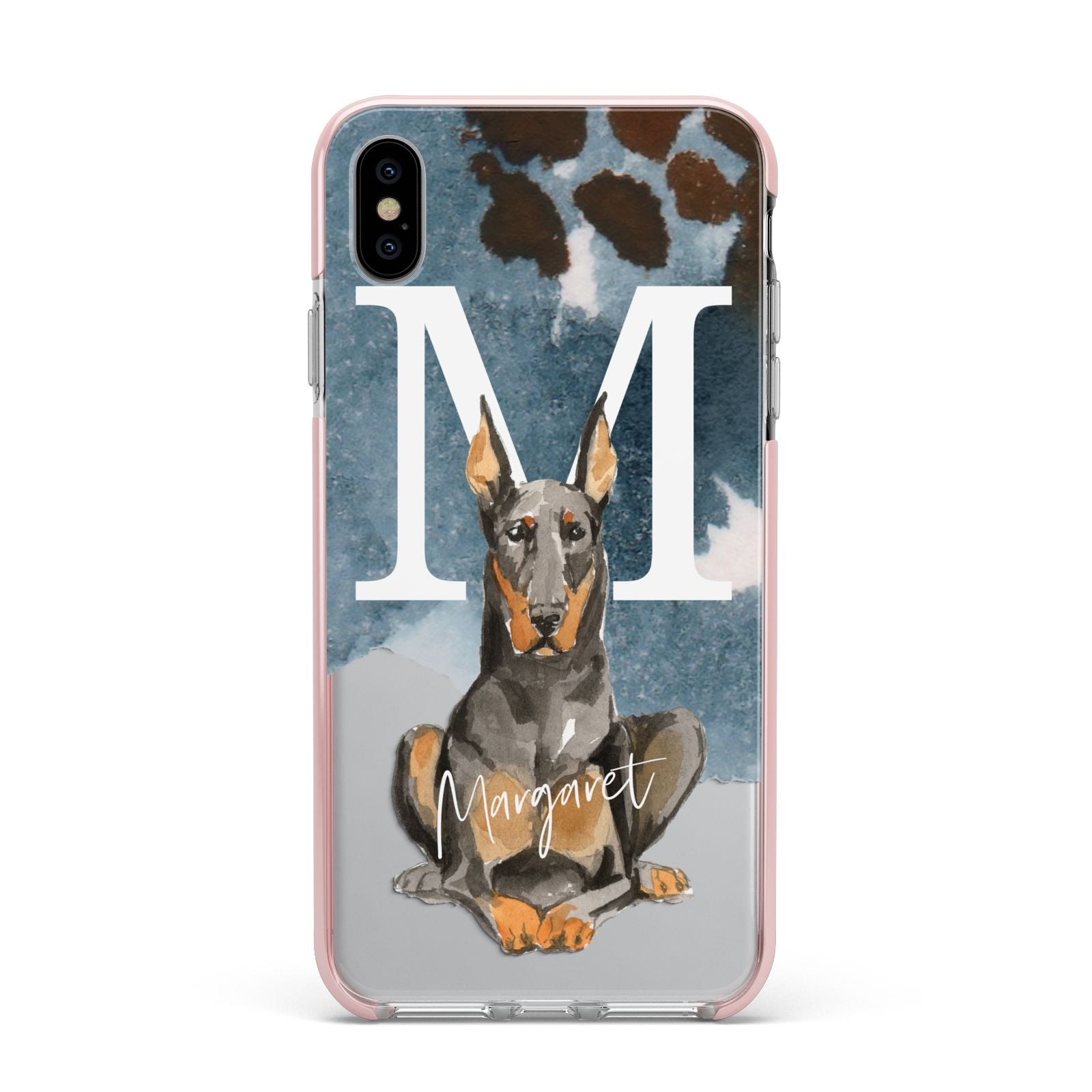 Personalised Doberman Dog Apple iPhone Xs Max Impact Case Pink Edge on Silver Phone