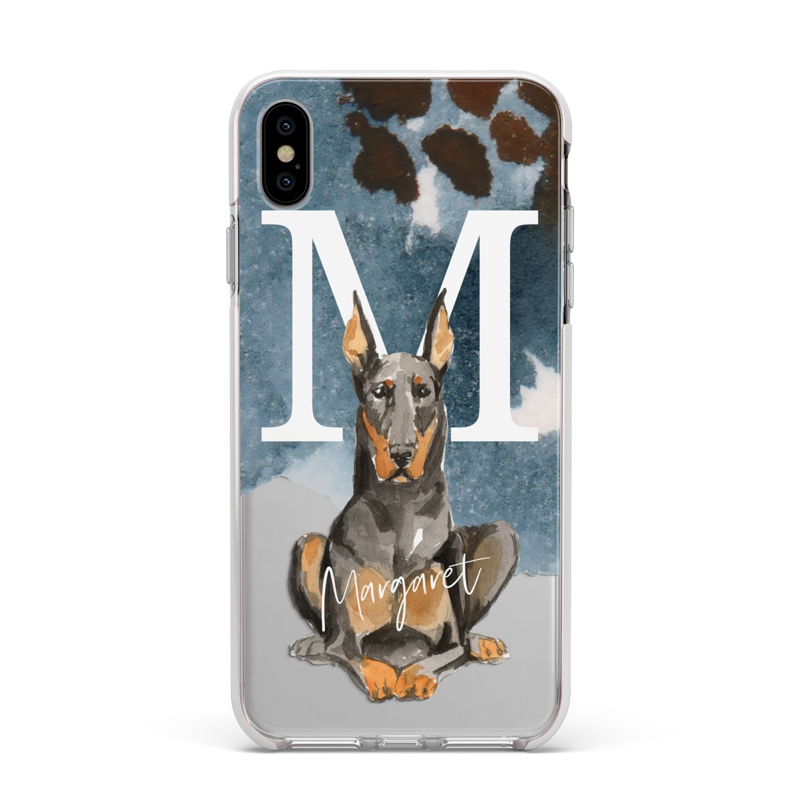 Personalised Doberman Dog Apple iPhone Xs Max Impact Case White Edge on Silver Phone