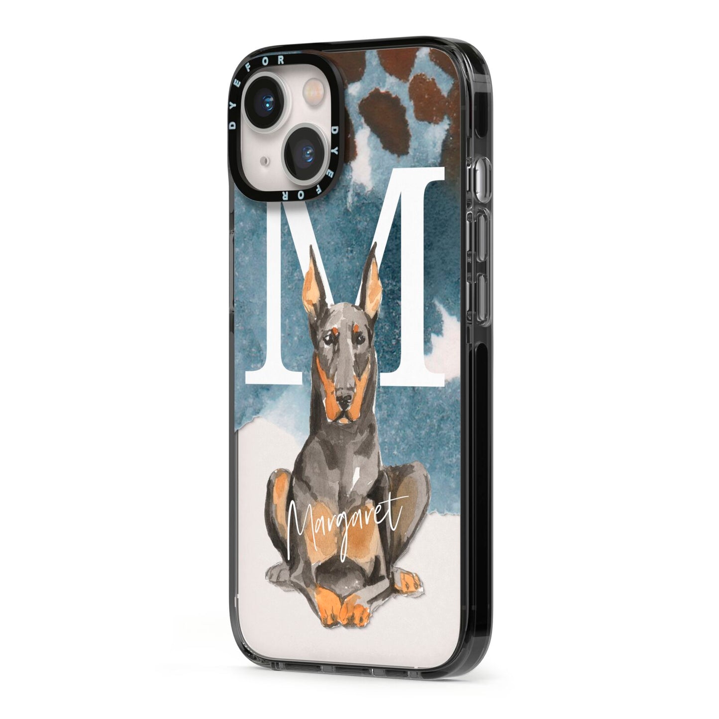 Personalised Doberman Dog iPhone 13 Black Impact Case Side Angle on Silver phone