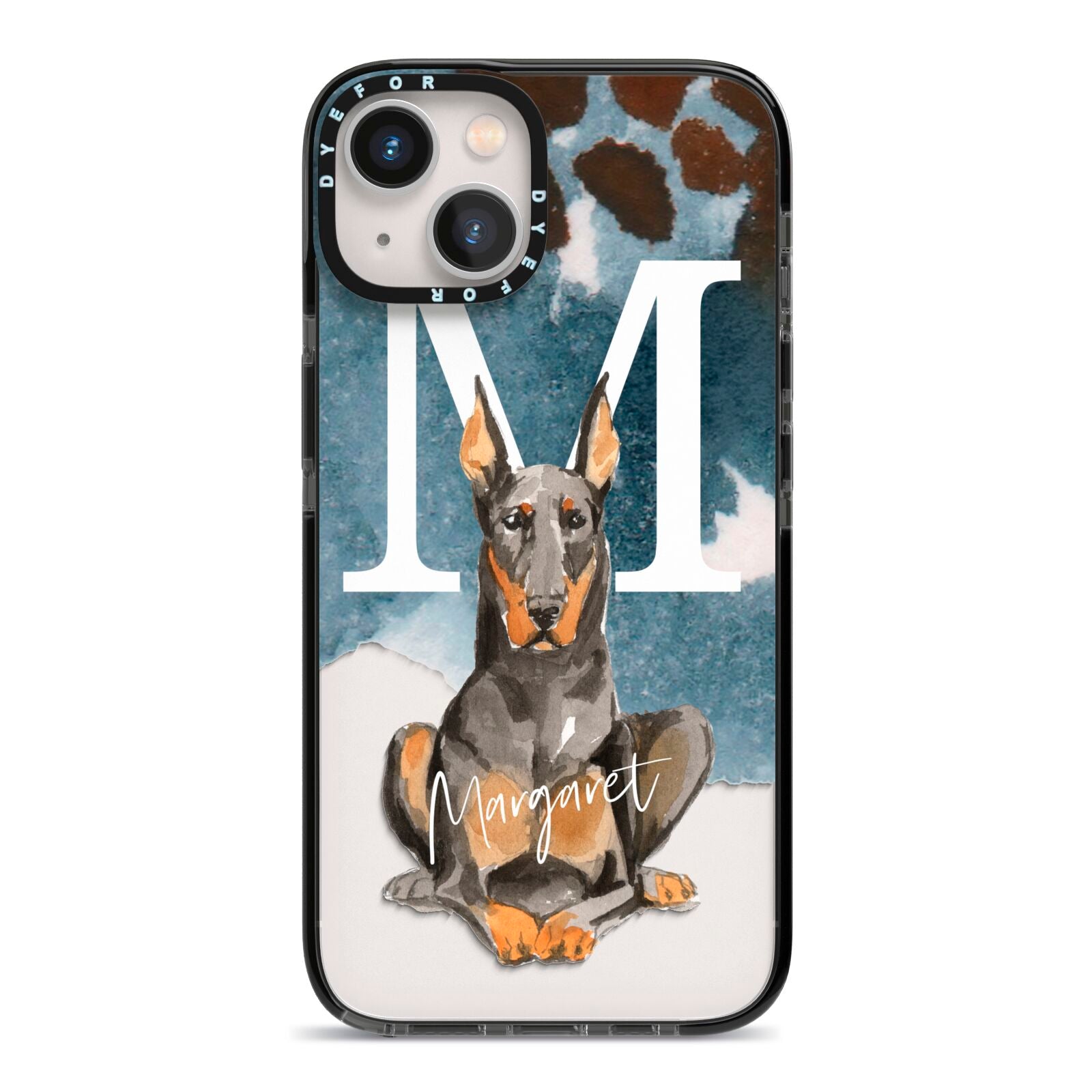 Personalised Doberman Dog iPhone 13 Black Impact Case on Silver phone