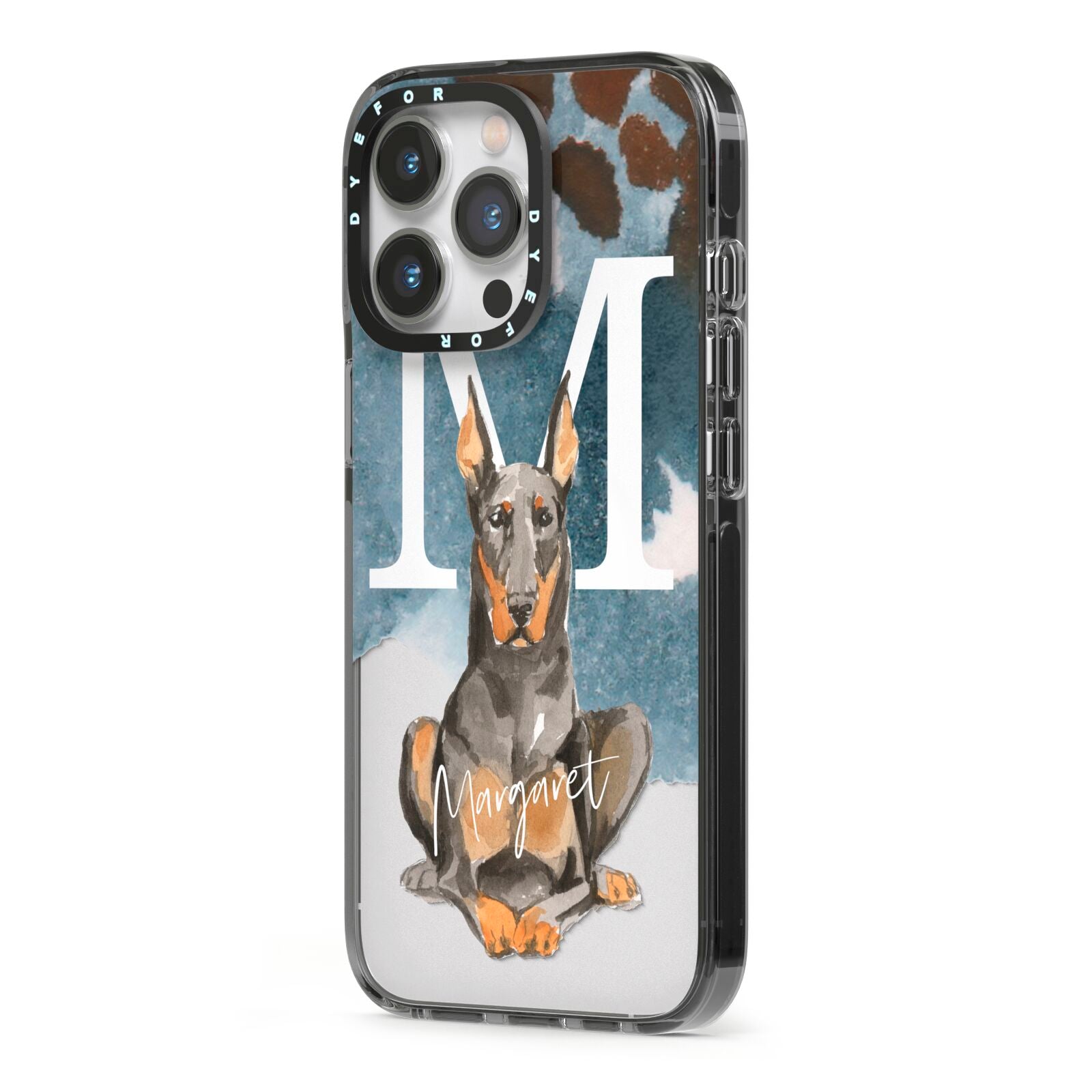 Personalised Doberman Dog iPhone 13 Pro Black Impact Case Side Angle on Silver phone