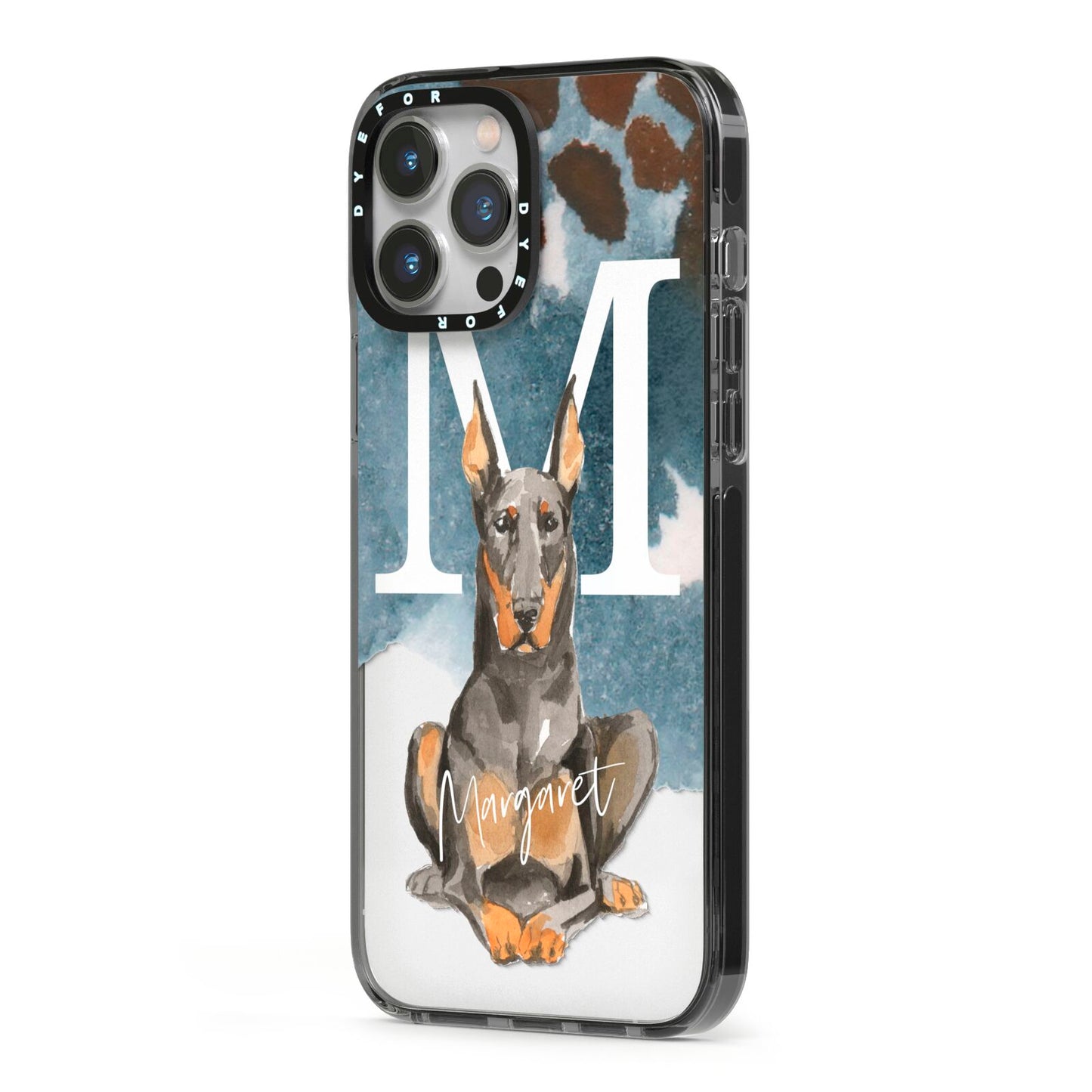 Personalised Doberman Dog iPhone 13 Pro Max Black Impact Case Side Angle on Silver phone