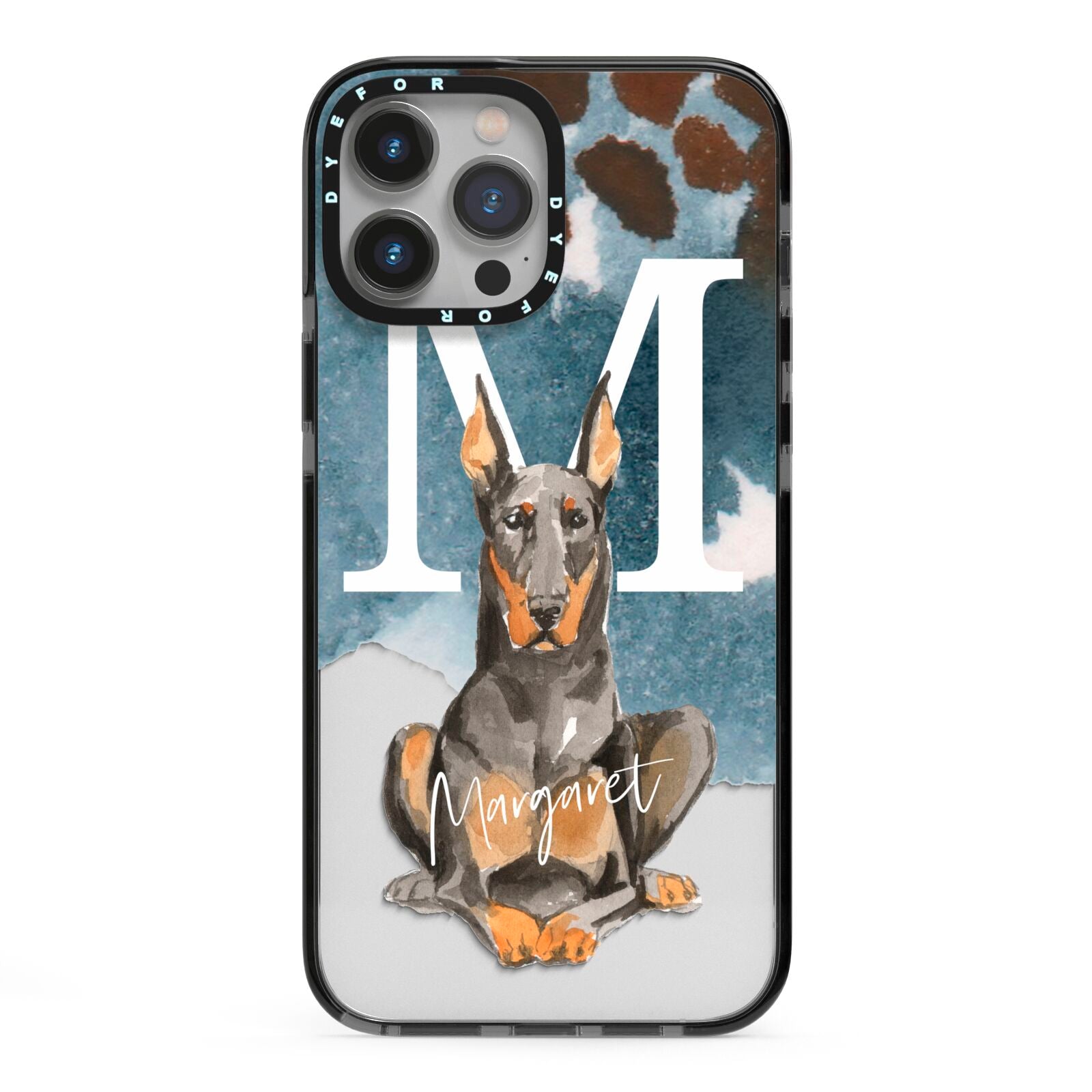 Personalised Doberman Dog iPhone 13 Pro Max Black Impact Case on Silver phone