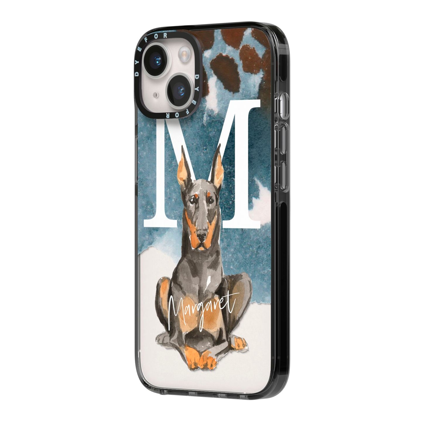 Personalised Doberman Dog iPhone 14 Black Impact Case Side Angle on Silver phone