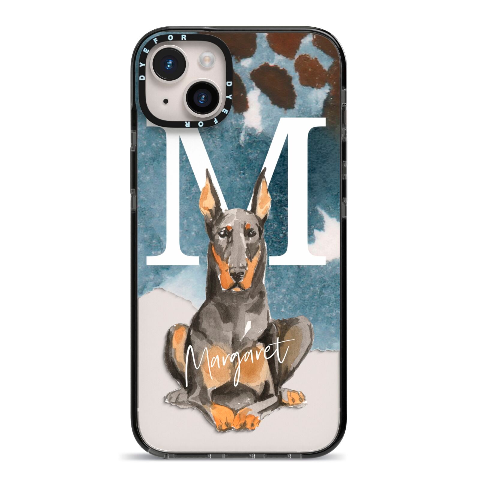 Personalised Doberman Dog iPhone 14 Plus Black Impact Case on Silver phone