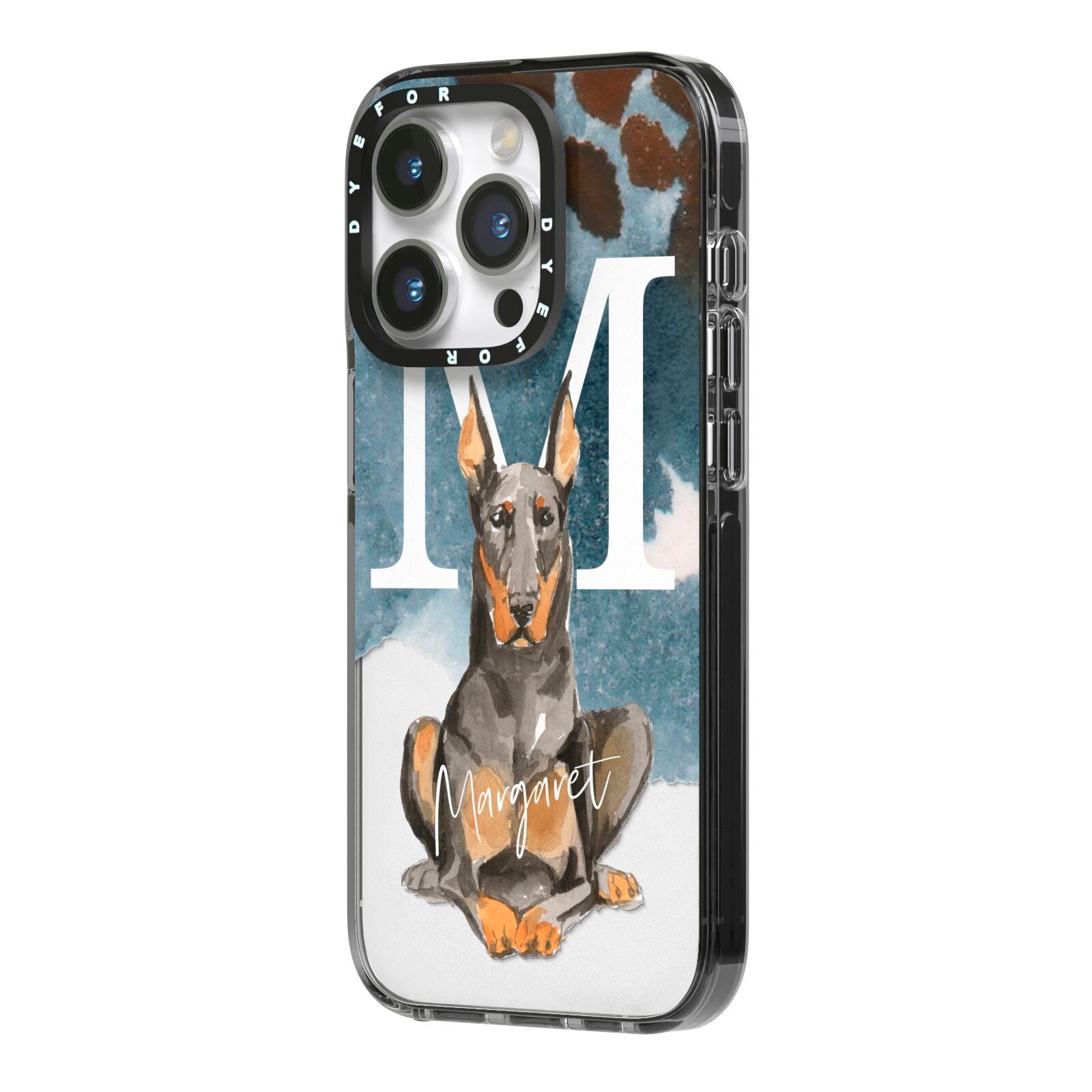 Personalised Doberman Dog iPhone 14 Pro Black Impact Case Side Angle on Silver phone