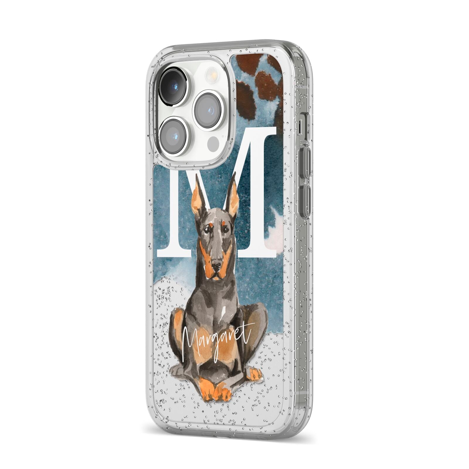 Personalised Doberman Dog iPhone 14 Pro Glitter Tough Case Silver Angled Image