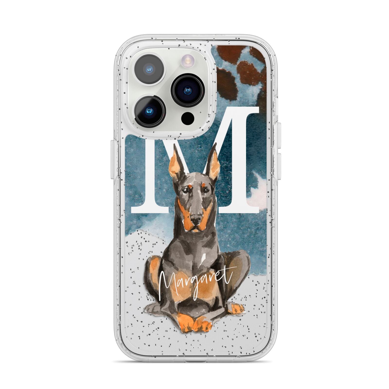 Personalised Doberman Dog iPhone 14 Pro Glitter Tough Case Silver