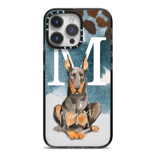 Personalised Doberman Dog iPhone 14 Pro Max Black Impact Case on Silver phone