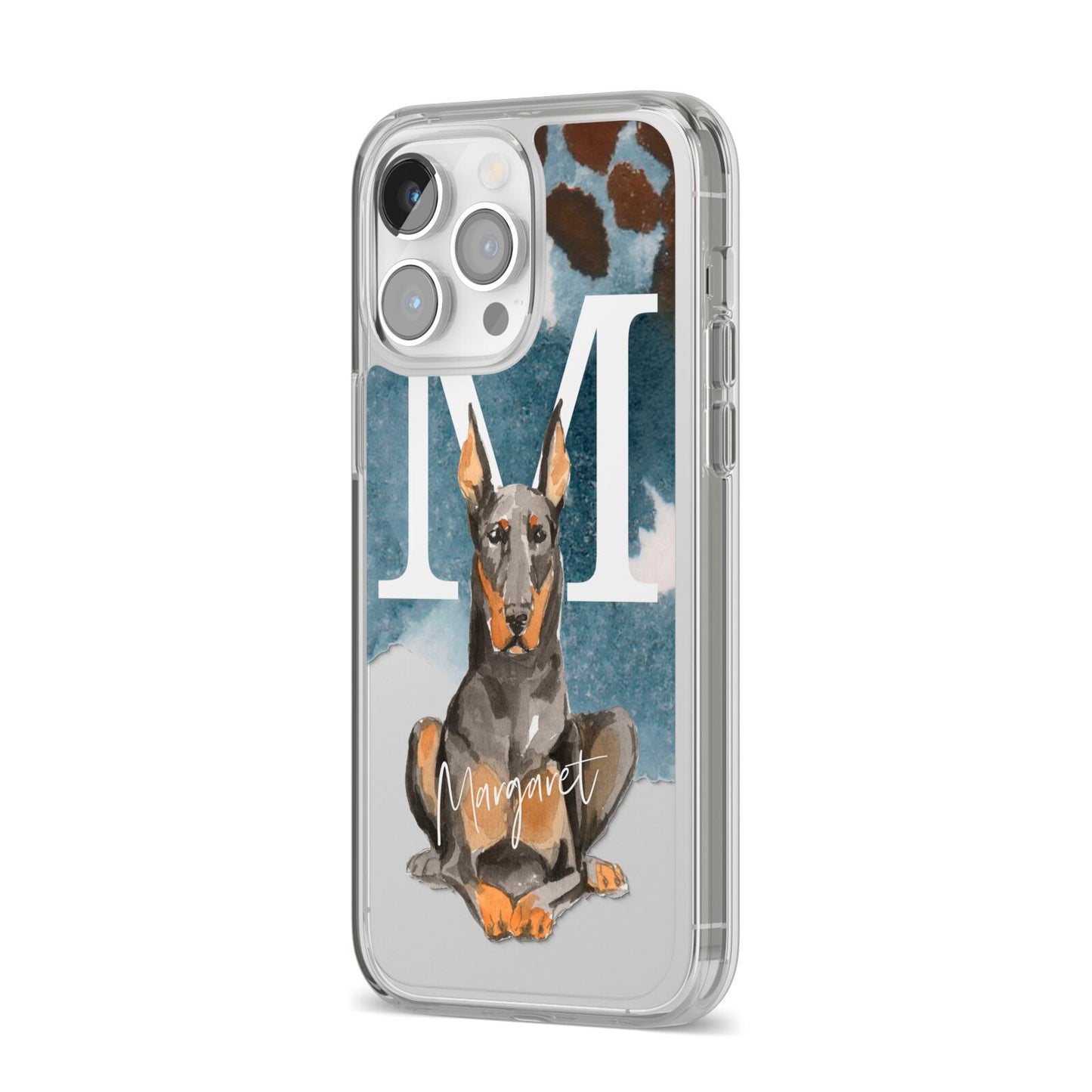 Personalised Doberman Dog iPhone 14 Pro Max Clear Tough Case Silver Angled Image