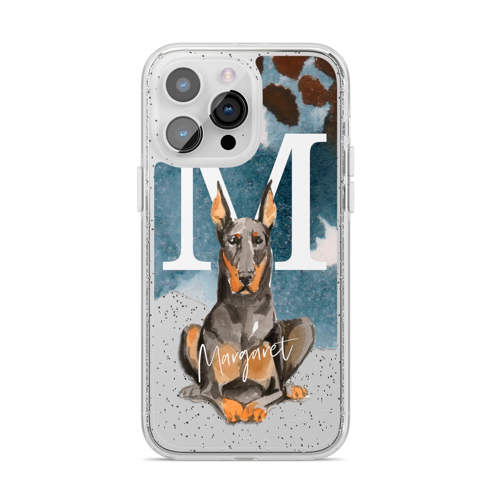 Personalised Doberman Dog iPhone 14 Pro Max Glitter Tough Case Silver