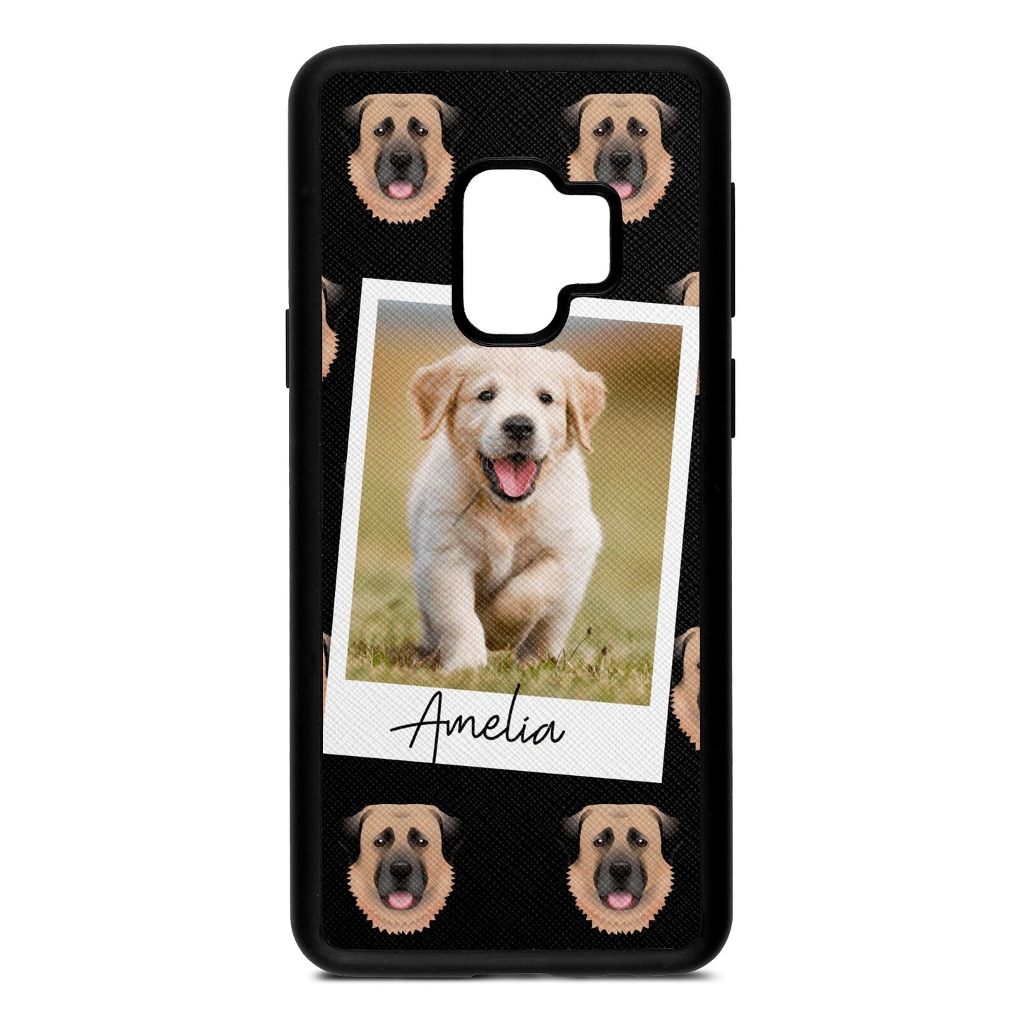 Personalised Dog Photo Black Saffiano Leather Samsung S9 Case