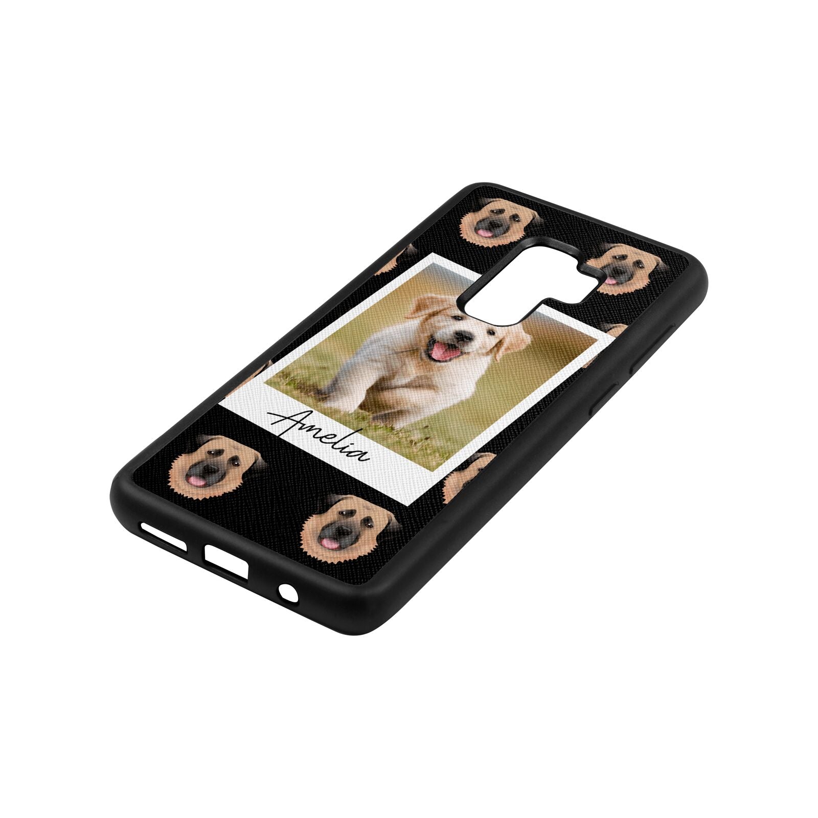 Personalised Dog Photo Black Saffiano Leather Samsung S9 Plus Case Side Angle